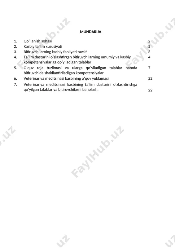 qurlashtirish maqsadida: kadrlar malakasini oshirish tizimida, tarmoq o‘quv muassasalarida va maxsus kurslarida malakani oshirishi; kasbiy faoliyatning tegishli sohasida yanada yuqoriroq malakaga erishish maqsadida oliy ta’lim muassasasida o‘qishni davom ettirishi mumkin. 2.4. o‘qishga qabul shartlari. o‘qishga qabul shartlari amaldagi qonunchilik asosida amalga oshiriladi. 3. bitiruvchilarning kasbiy faoliyati tavsifi 3.1. bitiruvchining kasbiy faoliyat sohasi: veterinariya sohasida hayvonlarga veterinariya xizmatlarini ko‘rsatish, dori-darmonlarni to‘g‘ri qo‘llash kasalliklarni davolash va oldini olish ishlarini amalga oshiradi hamda yaxshi nasl olish uchun osemenatorlik vazifasini bajaradi (sun’iy urug‘lantirish ishini amalga oshiradi). aseptika va antiseptika qoidalariga amal qilgan holda bajarish. 3.1. bitiruvchining kasbiy faoliyat ob’yektlari: 3.1.1. veterinariya feldsheri (faoliyat turlari bo‘yicha) kvalifikatsiyasi bo‘yicha: maxsus kiyimlar; namuna olish jihozlari; dezinfeksiyalovchi vositalar; ma’lumotnoma hujjatlar; shprits katetorlar; dyuar sisternasi; sun’iy urug‘ (paetalar); kuyga keltiruvchi gormonlar, shprislar; bir martalik qo‘lqoplar; ro‘yxatga olish hujjatlar; dezinfeksiyalovchi texnikalar (duk) avtomashinalar; dori saqlash uchun shkaf va muzlatgich; elektron tarozi; dori-darmon vositalari va h.k.... 3.2. 50840101 -veterinariya meditsinasi kasbi …