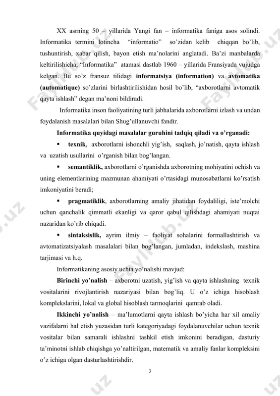 xil amaliy vazifalarni hal etish yuzasidan turli kategoriyadagi foydalanuvchilar uchun texnik vositalar bilan samarali ishlashni tashkil etish imkonini beradigan, dasturiy ta’minotni ishlab chiqishga yo’naltirilgan, matematik va amaliy fanlar kompleksini o’z ichiga olgan dasturlashtirishdir. axborot tizimini yaratishda ikkinchi yo’nalishni umumiy va amaliy dasturiy ta’minot deb atash qabul qilingan. uchinchi yo’nalish – avtomatlashtirilgan usulda turli darajadagi vazifalarni hal etish modellari, algoritmlari, tartibi, texnologiyasini ishlab chiqish va tashkil qilishdir. informatikaning bu bo’limi hozirgi davrda qishloq xo’jaligi sohasida o’ta muhim va dolzarb hisoblanadi. informatikaning moddiy texnik bazasi va boshqaruv faoliyatining turli sohasi va darajalarida ishlayotgan mutaxassislar uchun aijdan keng foydalanish imkonini beradi va shuningdek, ekspert – professional (ekspert tizimi) darajasida qaror qabul qilishga qodir bo’lgan ixtisoslashtirilgan predmet sohasida hisoblash tizimini va axborot –kommunikatsiya tarmog’ini yaratish imkoni yuzaga keladi. informatikaning inson faoliyati mustaqil sohasi sifatida ajralib chiqishi birinchi navbatda kompyuter texnikasi rivojlanishi bilan bog’liq. bunda asosiy xizmat mikroprosessor texnikasiga to’g’ri keladi. informatika kompyuter texnikasi rivojlanishi …