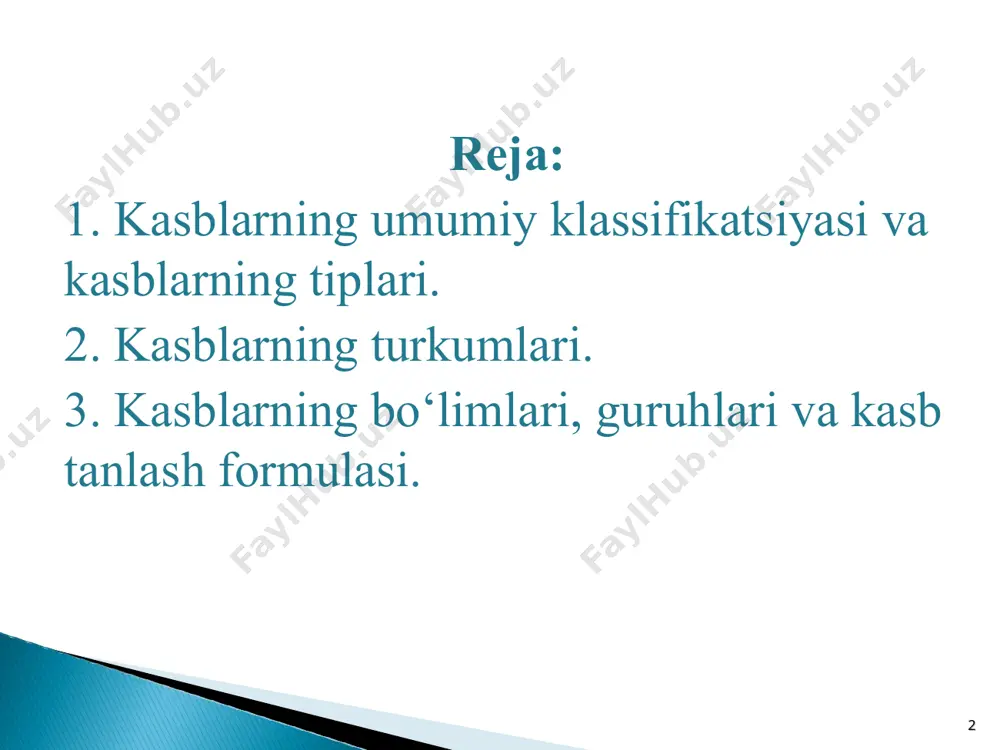 odamlar bilan tezda til topisha bilishlik, tartiblilik, mexr oqibatlilik, odamlarga gamxo‘rlik, bolalarni sevish, extiroslarni boshkarish, kommunikativlik sezgirligi * * * * insondan talab qiladi mantiqiy tafakur, diqqatning turgunligi, yaxshi xotira, tasavvur va boshqalar * * * * * insondan talab qiladi ko‘z bilan chamalay bilishlik, badiiy did, badiiy va musiqiy qobliyat, yaxshi tasavvur qilish, fazoviy tafakkur * * * * * ya.xolland taklifi bo‘yicha inson kasblarini shartli guruhlarga bo‘lish ushbu metodika asosida amerikalik psixolog olim ya.xolland taklifi boʼyicha odamlar va koʼpchilik kasblarni shartli ravishda 6 guruhga boʼlish mumkin (realistik, ijtimoiy, konventsial (shartli), tadbirkor, artistik tiplar). bu metodika asosida yuqorida qayd qilingan tiplarni qay biri qay darajada shaxsda namoyon boʼlishini aniqlash mumkin. kasblarning xususiyati shundaki, shaxs psixologiyasida qaysi bir yoʼnalish koʼproq shakllangan bґlsa, shu kasb oʼziga koʼproq jalb qiladi. * tiplarning tahlili * kasblarning tiplari mehnat predmetiga qarab barcha kasblar beshta tipga bo‘linadi. 1). “odam-tabiat” (p). bu erda mehnatning asosiy, etakchi …