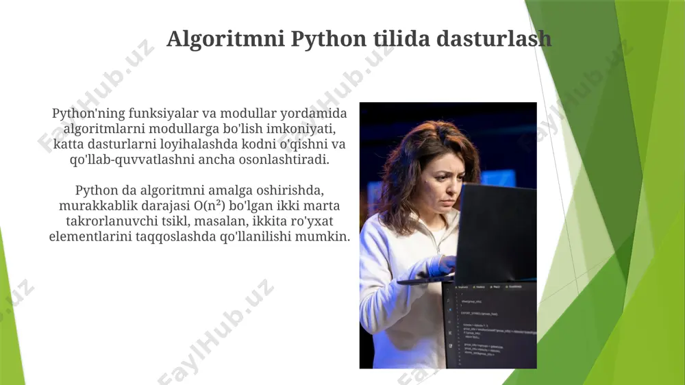 sosiy dasturlash elementlarini ishlatish mumkin, bu esa keyinchalik python kodini yozishni osonlashtiradi. murakkab algoritmlarni psevdokod yordamida soddalashtirish mumkin, bu esa 5-10 marta kamroq vaqt sarflashga yordam beradi va dasturlash jarayonini tezlashtiradi, xatolar sonini kamaytiradi. operatorlar va ifodalar mantiqiy operatorlar (and, or, not) ikki yoki bir nechta boolean qiymatlarni (true yoki false) birlashtirib, murakkab shartlarni ifodalashga imkon beradi taqqoslash operatorlari (==, !=, >, =, 20 ifodasi esa false qiymatini qaytaradi. funksiyalar va protseduralar protseduralar va funksiyalar orasidagi asosiy farq shundaki, funksiyalar qiymat qaytaradi, protseduralar esa faqat operatsiyalarni bajaradi va hech qanday natija qaytarmaydi. python'da funksiyalarni aniqlashda `def` kalit so'zi ishlatiladi va ularning ichida 5 tadan ortiq satrli kod bo'lishi mumkin bo'lib, ular aniq vazifani bajaradi. o'zgaruvchilar va ma'lumot turlari ma'lumot turlarini tekshirish uchun type() funksiyasidan foydalanish mumkin. masalan, type(x) integer turini, type(y) string turini qaytaradi. bu kodning to'g'ri ishlashini ta'minlash uchun muhimdir. python'da 7 ta asosiy ma'lumot turi mavjud: integer (butun …