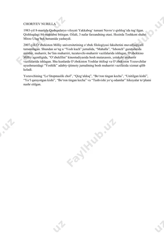 84-maktabni bitirgan. oilali, 3 nafar farzandning otasi. hozirda toshkent shahri mirzo ulug‘bek tumanida yashaydi. 2007-yili o‘zbekiston milliy universitetining o‘zbek filologiyasi fakultetini muvaffaqiyatli tamomlagan. shundan so‘ng u “yosh kuch” jurnalida, “mahalla”, “ishonch” gazetalarida muxbir, muharrir, bo‘lim muharriri, tuzatuvchi-muharrir vazifalarida ishlagan. o‘zbekkino milliy agentligida, “o‘zbekfilm” kinostudiyasida bosh mutaxassis, yetakchi muharrir vazifalarida ishlagan. shu kunlarda o‘zbekiston yoshlar ittifoqi va o‘zbekiston yozuvchilar uyushmasidagi “yoshlik” adabiy-ijtimoiy jurnalining bosh muharriri vazifasida xizmat qilib keladi. yozuvchining “lo‘litopmaslik chol”, “qizg‘aldoq”, “bo‘ron tingan kecha”, “unitilgan kishi”, “yo‘l qarayotgan kishi”, “bo‘ron tingan kecha” va “tashvishi yo‘q odamlar” hikoyalar to‘plami nashr etilgan. hamroyev sardor hamroyev sardor toshkent shahar, chilonzor tumanida tavallud topgan. 2011-yilda o‘zbekiston respublikasi adliya vazirligi qoshidagi toshkent yuridik kolleji, 2018-yilda o‘zbekiston davlat san’at va madaniyat instituti bakalavriat bosqichi, 2021-yillarda o‘zbekiston davlat sanat va madaniyat institutining magistratura bosqichini tamomlagan. 2011-2012-yillarda “oila va jamiyat” gazetasida muxbir, 2012-2022-yillarda “o‘zbekiston respublikasi oliy sudi axborotnomasi” va “kuch — adolatda” huquqiy gazeta birlashgan tahririyati muxbiri …