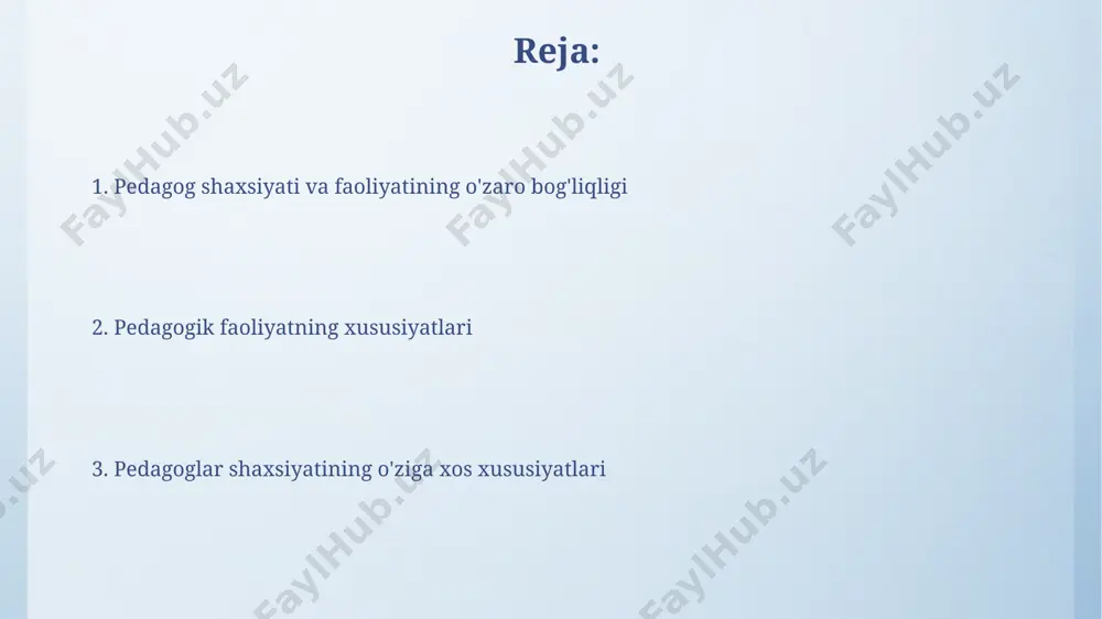 fikatsiya, interaktiv o'yinlar) qo'llash, talabalarning faol ishtirokini 35% ga ko'paytirib, dars samaradorligini oshiradi. guruhdagi muloqotni faollashtirish uchun 5-7 kishilik kichik guruhlarda o'quv topshiriqlari berish, hamkorlikdagi o'rganishni rag'batlantiradi va natijalarni yaxshilaydi. ijodiy qobiliyat va innovatsiyalar ijodkor pedagoglar oʻquv jarayoniga kamida 3 ta yangi texnologiya yoki uslubni qoʻllashlari, shu bilan oʻquv samaradorligini 15-20% ga oshirishlari mumkin. innovatsion gʻoyalarni amalga oshirishda pedagoglarning oʻz-oʻzini boshqarish va muammolarni hal qilish koʻnikmalari muhim boʻlib, ularning samaradorligi 70% ga yaqin natijaga bogʻliq. pedagoglar shaxsiyatining o'ziga xos xususiyatlari pedagoglarning 70% dan ortig'i yuqori darajada empatiya ko'rsatkichiga ega bo'lib, o'quvchilarning his-tuyg'ularini tushunish va ularga mos munosabatda bo'lish qobiliyatini namoyon qiladi. muvaffaqiyatli pedagoglarning 50% dan ko'prog'i metakognitsion strategiyani qo'llaydi, ya'ni o'z o'qitish uslubini doimiy tahlil qilib, uni takomillashtiradi. pedagogik mahorat va uslublar pedagogik mahorat o’qituvchining o’quvchilar bilan 5 ta turli o’zaro munosabat uslublarini samarali qo’llashi, shu jumladan, muloqot, baholash va motivatsiyani o’z ichiga oladi. o’qituvchining faoliyati samaradorligini 30% ga oshirishga …