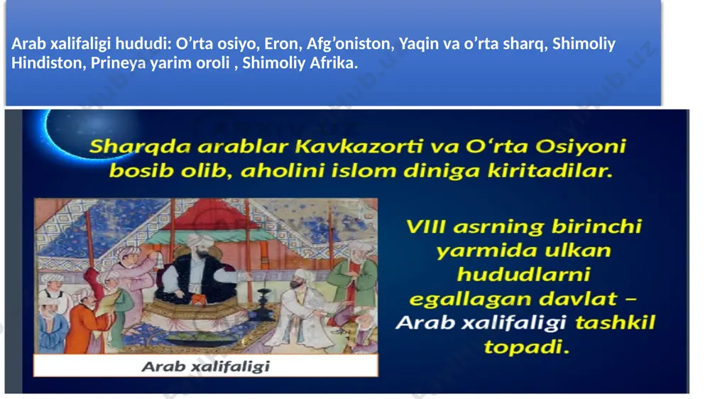 masligiga e’tibor berilmagan. xiroj- yer solig‘i (hosilning o’ndan bir yoki o’ndan ikki qismi miqdorida), . zakot- (qirqdan bir miqdorda) chorva, hunarmandchilik, savdo-sotiqdan. jizya islomni qabul qilmagan shaxslardan olinadigan soliq. тоҳирийлар – сулолага 821 йил тоҳир ибн ҳусайн асос солган. хуросондаги тоҳирийлар давлати (821–873). расман аббосийларга қарам ҳисобланган. марв нишопур араб халифаси ҳорун ар-рашид (786–809) вафотидан сўнг унинг ўғиллари маъмун билан амин ўртасида 809–813 йилларда тахт учун кураш кечди ҳирот вилоятининг зодагонларидан тоҳир ибн ҳусайн бошлиқ хуросон ва мовароуннаҳр мулкдорлари маъмунга ёрдам берадилар. 813 йилда улар бағдодга юриш қиладилар. пойтахт қўлга киритилиб, маъмун халифалик тахтига ўтиради 813 йил бағдод тоҳир 821 йилда хуросон ва мовароуннаҳр ноиби этиб тайинланади араб халифаси маъмун сомонхудотнинг набираларини айрим шаҳар ва вилоятларга ноиб қилиб тайинлайди. нуҳга самарқанд, аҳмадга фарғона, яҳёга шош ва уструшона, илёсга эса ҳирот тегади самарқанд фарғона шош ва уструшона ҳирот бағдод бунинг эвазига ака-ука сомонийлар мовароуннаҳрнинг ҳар йилги хирожидан жуда катта маблағини тоҳирийлар …