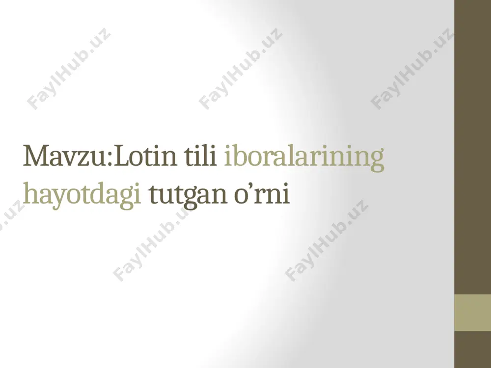 ra aegrotum, non morbum “ - shifokor, bemorni davola, kasallikni emas. “optima medicina temperantia est “ - eng yaxshi davolash me’yorlikda. “natura nihil sine causa gignit “ - tabiatdagi hech narsa sababsiz sodir bo’lmaydi. “ non curator qui curat “ - tashvishga to’la odamga davo topilmas. lotin tili iboralaridan biz asosan retseptlar yozganimizda foydalanamiz. masalan, “cito! “ iborasini biz yozib bergan retseptlarni bemorimiz tez muddat ichida qabul qilishi kerak bo’lganda ishlatamiz. yoki “da.“ “ber” degan ma’noni bildiradi,bu ibora shifokorning farmasevtga bo’lgan murojaati. xulosa. lotin tilidagi har bir maqol va iboralar bizning hayotimizda muhim o’ringa ega. har bir maqol va ibora bizni yaxshi hamda sog’lom fikrlab yashashga undaydi. maqollar hayotiy tajribalar asosida dunyoga kelgan xalq donoligining belgisidir. ular nutqimizni boyitadi. e’tiboringiz uchun rahmat image2.jpeg /docprops/thumbnail.jpeg