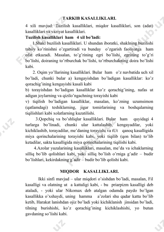 kabi b) torayishdan bo’ladigan kasalliklar ko’z qorachig’ining, nafas ut adigan joylarning va qizilo’ngachning torayishi kabi v) tiqilish bo’ladigan kasalliklar, masalan, ko’zning uzumsimon (qatlamdagi) teshiklarning, jigar tomirlarining va boshqalarning tiqilishlari kabi xolatlarning kuzatilishi. 3.qopchiq va bo’shliqlar kasalliklari. bular ham quyidagi 4 turlarga bo’linadi, chunki ular kattalashib, kengayadilar, yoki kichiklashib, torayadilar, me’daning torayishi va tut qanoq kasalligida miya qorinchalarining torayishi kabi, yoki tiqilib (qon bilan) to’lib ketadilar, sakta kasalligida miya qorinchalarining tiqilishi kabi. 4.azolar yuzalarining kasalliklari, masalan, me’da va ichaklarning silliq bo’lib qolishlari kabi, yoki silliq bo’lish o’rniga g’adir – budir bo’lishlari, kekirdakning g’adir – budir bo’lib qolishi kabi. miqdor kasalliklari. ikki sinfi mavjud – ular miqdori o’sishdan bo’ladi, masalan, fil kasalligi va olatning ut a kattaligi kabi, - bu priarpizm kasalligi deb ataladi, - yoki ular nikomax deb atalgan odamda paydo bo’lgan kasallikka o’xshaydi, uning hamma a’zolari shu qadar katta bo’lib ketib, harakat lanishdan ojiz bo’ladi yoki kichiklanish jinsidan bo’ladi, tilning …