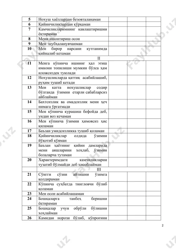 наман 6 қийинчиликлардан қўрқаман 7 камчиликларимнинг кавлаштиришни ёқтираман 8 мени ишонтириш осон 9 мен шубҳаланувчанман 10 мен бирор нарсани кутганимда қийналиб кетаман ii 11 менга кўпинча ишнинг ҳал этиш имкони топилиши мумкин бўлса ҳам иложсиздек туюлади 12 нохушликларда қаттиқ асабийлашиб, руҳим тушиб кетади 13 мен катта нохушликлар содир бўлганда ўзимни етарли сабабларсиз айблайман 14 бахтсизлик ва омадсизлик мени ҳеч нимага ўргатмади 15 мен кўпинча курашиш бефойда деб, ундан воз кечаман 16 мен кўпинча ўзимни ҳимоясиз ҳис қиламан 17 баъзан умидсизликка тушиб қоламан 18 қийинчиликлар олдида ўзимни йўқотиб қўяман 19 баъзан ҳаётнинг қийин дамларида мени аяшларини хоҳлаб, ўзимни болаларча тутаман 20 характеримдаги камчиликларни тузатиб бўлмайди деб ҳисоблайман iii 21 сўнгги сўзни айтишни ўзимга қолдираман 22 кўпинча суҳбатда тингловчи бўлиб қоламан 23 мен осон асабийлашаман 24 бошқаларга танбеҳ беришни ёқтираман 25 бошқалар учун обрўли бўлишни хоҳлайман 26 камидан норози бўлиб, кўпроғини хоҳлайман 27 асабийлашсам ўзимни тута олмай қоламан 28 тобе бўлишдан кўра …
