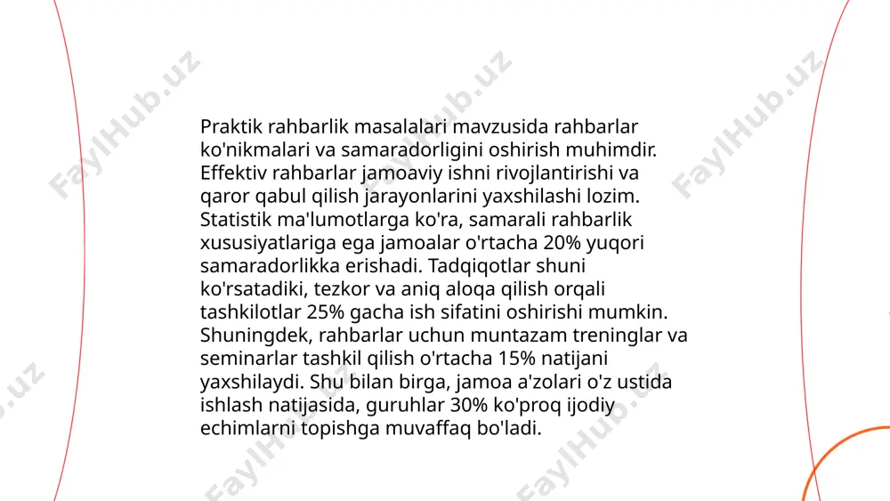 mlakatlarda o‘sish sur'atlari 5%dan oshdi. bunda axborot texnologiyalari sektori 60% gacha global o‘sishga hissa qo‘shib, yangi imkoniyatlar yaratmoqda. deloitte tahliliga qaraganda, korxonalarning 75%i innovatsiyalar va moslashuvchan strategiyalar yordamida raqobatdoshligini saqlab qolgan. 2023 yilga kelib, masofaviy ish o‘rinlari 30%ga ko‘paygan, bu esa ishchilarga yangi imkoniyatlar eshiklarini ochmoqda. ushbu jarayonlar orqali o‘zbekiston ham strategik rivojlanishga e’tibor qaratib, 2025 yilga kelib sanoatni raqamlashtirish bo‘yicha 40% o‘sishni rejalashtirmoqda. ... t.me/slaydai_bot 16. qonuniy va noqonuniy kuch qonuniy kuch deganda, davlat tomonidan tasdiqlangan va majburan ijro etiladigan qonunlar va qoidalar nazarda tutiladi. bu turdagi kuch davlat boshqaruvi, sud tizimi va huquqni muhofaza qilish organlari orqali amalga oshiriladi. noqonuniy kuch esa, davlat yoki qonunlarga zid ravishda amalga oshiriladigan harakatlar yoki ta'sirlarni bildiradi. bu turga korrupsiya, noqonuniy savdo, jinoyat va boshqa turli huquqbuzarliklar kiradi. 2020-yilda, transparency international tashkiloti ma'lumotlariga ko'ra, korrupsiya darajasi ko'plab mamlakatlarda jiddiy muammolardan biri bo'lib qolmoqda. har ikkala holatda ham, jamiyatda barqarorlik va adolatni ta'minlash …