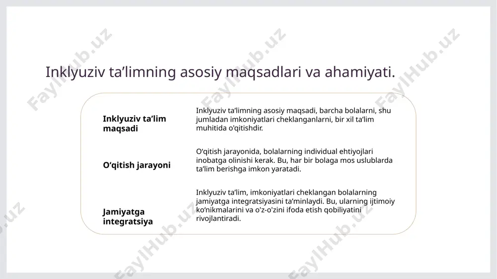 imkoniyati cheklangan bolalarga nisbatan qarashlar o‘zgarishi zarur. ijtimoiy ongni oshirish, inklyuziv ta’limni rivojlantirishda asosiy omil hisoblanadi. inklyuziv taʼlimni rivojlantirish uchun zaruriy strategiyalar va resurslar. 1 taʼlim siyosati oʻzbekistonda inklyuziv taʼlimni rivojlantirish uchun taʼlim siyosatini takomillashtirish zarur. bu, eng avvalo, muvofiq qonunchilik va normativ hujjatlarni yaratishni talab qiladi. 2 oʻqituvchilarni tayyorlash oʻqituvchilarni inklyuziv taʼlimga mos ravishda tayyorlash, ularni maxsus ehtiyojlarga ega bolalar bilan ishlashga o'rgatish muhimdir. bu, taʼlim jarayonining sifatini oshiradi. 3 resurslar va materiallar inklyuziv taʼlim uchun zaruriy o‘quv materiallari va resurslarni yaratish, ularni kengaytirish muhimdir. bu, bolalar uchun taʼlim jarayonini yanada qulaylashtiradi. oʻzbekistonda inklyuziv taʼlimni amalga oshirishda hamkorlik va jamoatchilik roli. 1 hamkorlikning ahamiyati inklyuziv taʼlimni amalga oshirishda davlat, nodavlat tashkilotlari va taʼlim muassasalari o‘rtasidagi hamkorlik muhim rol o‘ynaydi. 2 jamoatchilik ishtiroki jamoatchilikning faol ishtiroki, ota-onalar va mahalliy jamoalar inklyuziv taʼlimni qo‘llab-quvvatlashda va uning samaradorligini oshirishda muhimdir. 3 resurslarni birlashtirish taʼlim resurslarini birlashtirish, jamiyatda mavjud imkoniyatlar va bilimlarni inklyuziv …