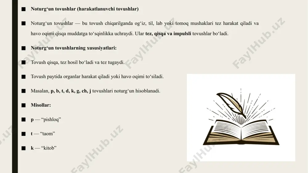 ri bilan bog‘liq, so‘zning urg‘usi va boshlanishida ahamiyatga ega. ularning farqlari nutqni tushunish, talaffuzni aniq qilish va til o‘rganishda katta ahamiyat kasb etadi. shu bois turg‘un va noturg‘un tovushlarni ajratish va to‘g‘ri talaffuz qilish har bir til biluvchisi uchun zarur hisoblanadi. foydalanilgan adabiyotlar abdullaev, sh. o‘zbek tilining fonetikasi. toshkent: o‘qituvchi, 2018. islamov, m. tilshunoslik asoslari. toshkent: fan, 2020. karimov, a. o‘zbek tilida tovushlar va talaffuz qoidalari. toshkent: universitet nashriyoti, 2017. sobirov, r. fonetik tizim va undosh tovushlar. toshkent: sharq, 2019. jakobson, r., trubetskoy, n. principles of phonology. cambridge: mit press, 1960. ladefoged, p. a course in phonetics. boston: cengage learning, 2015. crystal, d. the cambridge encyclopedia of language. cambridge: cambridge university press, 2010. hall, t. phonetics for dummies. new york: wiley, 2012. komissarov, v. fonetika i fonologiya uzbekskogo yazika. moskva: nauka, 2016. tashkentov, d. o‘zbek tilida undosh tovushlar va ularning turlari. toshkent: o‘zbek universiteti nashriyoti, 2021. image1.jpeg image2.jpeg image3.jpeg image4.png …