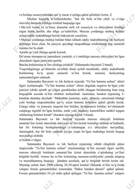 cha huquqlarini kafolatlab, “barcha huquqlar barcha bolalarga” tamoyilini e’tirof etadi. shuningdek, “bolalar huquqlari to‘g‘risidagi konvensiyaning 23-bandida maxsus ehtiyojli bolalarning ta’lim tarbiyasi xususida qisqa va aniq qilib quyidagicha ta’kidlangan: “nogiron bolaning maxsus ehtiyojlarini aniqlab, uning ijtimoiy hayotga qo‘shilishi va shaxs sifatida rivojlana olishiga yetaklovchi vosita hisoblangan ta’lim olishga har tomonlama yordam berilishi lozim”. bu qoidadan shu narsa ayon bo‘ladiki, maxsus ehtiyojli bolalar ham jamiyat hayotida to‘liq ishtirok etishi, madaniyatga hamohang bo‘lib o‘sishi, uning boyliklaridan, go‘zalligidan bahra olib jamiyatning rivojiga hissa qo‘shishlarining ahamiyati juda kattadir. mana shunday imkoniyatlarga ega bo‘lishda maxsus ta’lim muassasalarining ta’lim tizimi va mazmuni talabga javob bermaydi. shuning uchun ham insonparvarlik nuqtai nazaridan jahondagi ko‘plab mamlakatlar maxsus-segregasion ta’lim tizimini inkor eta boshladilar. juda ko‘plab davlatlarda maxsus yordamga muhtoj bolalarni yuqori natijali kamol toptirishda kompensator imkoniyatlarni rivojlantirish hamda ijtimoiy moslashtirish to‘laligicha yo‘lga qo‘yish maqsadida umumta’lim maktablarida ta’lim berish ilmiy va amaliy davlat siyosati rejasiga kiritildi. buning natijasida esa 1990-yilda tailandning …
