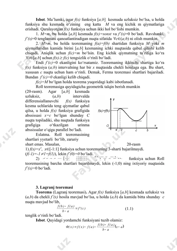 yozish mumkin. buning uchun a 0, to‘plamda uzluksiz, differensiallanuvchi va shu to‘plamdan olingan ixtiyoriy x uchun g(x)(0, g‘(x)(0; 2) ; 3) hosilalar nisbatining limiti (chekli yoki cheksiz) =a mavjud bo‘lsa, u holda funksiyalar nisbatining limiti mavjud va = (2.1) tenglik o‘rinli bo‘ladi. isbot. har ikkala funksiyani x=a nuqtada f(a)=0, g(a)=0 deb aniqlasak, natijada ikkinchi shartga ko‘ra f(x)=0=f(a), g(x)=0=g(a) tengliklar o‘rinli bo‘lib, f(x) va g(x) funksiyalar x=a nuqtada uzluksiz bo‘ladi. avval x>a holni qaraymiz. berilgan f(x) va g(x) funksiyalar [a;x], bu erda x 0 sonni olsak ham shunday n>0 son topilib, x(n bo‘lganda (2.3) tengsizliklar bajariladi. umumiylikni cheklamagan holda n>a deb olishimiz mumkin. u holda x(n tengsizlikdan x((a;() kelib chiqadi. aytaylik x>n bo‘lsin. u holda [n;x] kesmada f(x) va g(x) funksiyalarga koshi teoremasini qo‘llanib quyidagiga ega bo‘lamiz: , bu erda n n bo‘lganligi sababli x=c da (2.3) tengsizliklar o‘rinli: , bundan esa tengsizliklarga ega bo‘lamiz. teorema shartiga ko‘ra f(n) va g(n) …