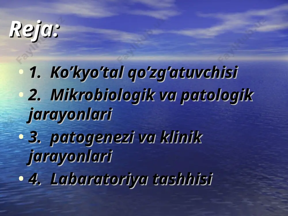 kulturasi, aksincha yirik, diametri 3^4 mm bo'lgan, chetlari notekis, yassi r - l - shakldagi koloniyalar (iii-iv-faza) hosil qiladi. bular gomologik zardoblar bilan agglutinatsiya reaksiyasini bermaydi fermentativ hususiyati ko‘kyo‘tal qo‘zg‘atuvchisi biokimyoviy xususiyati bo'yicha faol emas, qand, oqsil va mochevinalarni parchalamaydi, nitratlarni qaytarmaydi, katalaza hosil qiladi. toksin hosil qilishi ko‘kyo‘tal qo'zg'atuvchisi temperaturaga chidamsiz toksin ishlab chiqaradi, gistaminga sezgir va limfotsitozni tezlatuvchi moddalar ajratadi. bu toksin oqsildan iborat bo'lib, endo�toksinga o'xshab mikrobning tanasiga mustahkam birikkan. ushbu toksin oq sichqon, dengiz cho'chqachasi, quyonlarga yuborilsa, ularning buyragi, talog'i va jigarida nekroz, gemorragiya va degenerativ o'zgarishlar vujudga keladi. limfositozni kuchaytiruvchi omil ham oqsildan tashkil topgan bo'lib, quyon, sichqon, qo'zichoq, buzoq va boshqa hayvonlarda limfotsitozni oshiradi. ko'kyo'tal qo'zg'atuvchisi gialuronidaza, letsitinaza, gemagglutinlarni hosil qiladi va quyon, qo'y, buzoq va odam qonidagi zardobini ivitadi. antigenlik hususiyati антигенлик хусусияти мураккаб; 12 хил антиген тутади. куп урганилганлари: -агглютиноген, -токсин, -гемагглютининлар. b.pertussis turiga agglutinogen-1; parapertussis ga-14, v.bronchisepticis-12 agglutininlar xos. bordetellalar tarkibidagi …