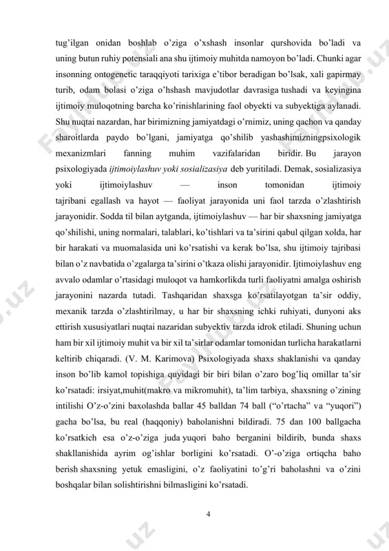 xs shaklanishi va qanday inson bo’lib kamol topishiga quyidagi bir biri bilan o’zaro bog’liq omillar ta’sir ko’rsatadi: irsiyat,muhit(makro va mikromuhit), ta’lim tarbiya, shaxsning o’zining intilishi o’z-o’zini baxolashda ballar 45 balldan 74 ball (“o’rtacha” va “yuqori”) gacha bo’lsa, bu real (haqqoniy) baholanishni bildiradi. 75 dan 100 ballgacha ko’rsatkich esa o’z-o’ziga juda yuqori baho berganini bildirib, bunda shaxs shakllanishida ayrim og’ishlar borligini ko’rsatadi. o’-o’ziga ortiqcha baho berish shaxsning yetuk emasligini, o’z faoliyatini to’g’ri baholashni va o’zini boshqalar bilan solishtirishni bilmasligini ko’rsatadi. sinaluvchining o’zini bunday baholashi shaxs shakllanishi aytarli darajada buzilganligi – “tadqiqotga yopiqligini”, o’zini xatolari, omadsizliklari, atrofdagilarning tanbeh va baholariga beta’sirligini va o’ziga olmasligini ko’rsatadi. natija 45 balldan kam bo’lsa u o’ziga past baho berishini o’zini qadrlamasligini, shaxs rivojlanishida birmuncha salbiyligini bildiradi. bunday o’quvchilar “xavfli guruh” ni tashkil etadilar, bundaylar hozirgi jamiyatda kam uchraydi. o’ziga past baho berish ortida, umuman, ikki hil psixologik ko’rinish bo’lishi mumkin: o’ziga kuchli ishonchsizlik yoki “ximoyalanish”, bunda …