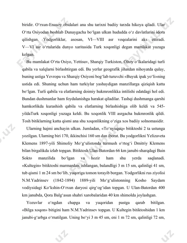 0 km janubda, qora balg‘asun shahri xarobalaridan 40 km shimolda joylashgan. yozuvlar o‘ngdan chapga va yuqoridan pastga qarab bitilgan. «bilga xoqon» bitigini ham n.m.yadrinsev topgan. u kultegin bitiktoshidan 1 km janubi-g‘arbga o‘rnatilgan. uning bo‘yi 3 m 45 sm, eni 1 m 72 sm, qalinligi 72 sm, bitiktosh ag‘darilib, uchga bo‘lingan va ayrim satrlari nurab, yozuvlari ham zarar ko‘rgan. u 80 satrdan iborat. «bilga xoqon» bitiktoshida «kultegin» bitiktoshidagi 41 satr takrorlangan. yodgorliklarni butun dunyo turkiyshunoslari ilmiy jihatdan o‘rganmoqda. v.tomson va v.radlovlardan keyin s.h.malov, s.g.klyashtorniy, i.v.stebleva, h.o‘rxun, tekin, najib osim, g.aydarov, o‘zbek olimlaridan a.rustamov, g‘.abdurahmonov, n.rahmonovlar o‘rganishgan. yodgorliklar hozirgi o‘zbek tiliga bir necha marotaba o‘girilgan. a.p.qayumov «qadimiyat obidalari» kitobida, g‘.abdurahmonov va a.rustamovlar «qadimgi turkiy til» kitoblarida o‘sha yodgorliklardan namunalar keltirishgan. 2. ma’naviy tarbiya takomilida tarixiy manbalarning o’rni manbalarining o‘rni. runiy yozuvdagi yodgorliklar faqat toshga bitilgan emas. ularning qog‘ozga, turli buyumlarga yozilgan namunalari ham bor. masalan, «lrq bitigi» («ta’birnoma») qog‘ozda yozilgan. uni venger …