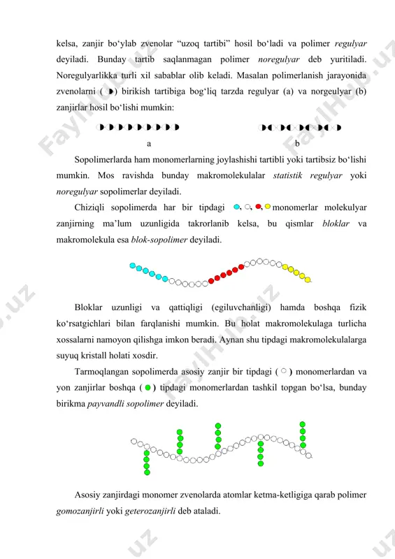 bog‘liq tarzda, uni turli atomlar yadrosi maydonida bo‘lishi turli xil bo‘ladi. natijada elektronni o‘rtacha zichligi bir atomda ikkinchisiga nisbatan kattaroq bo‘ladi. buning oqibatida ushbu atomlar asosidagi molekula ma’lum bir elektrik, yoki dipol momentga (μo) ega bo‘ladi va uning miqdori elektr zaryadi (q) va ular orasidagi masofaga (l) bog‘liq bo‘ladi, ya’ni μo = ql. bundan l ≈ 10-8 cm va q ≈ 10-10 el.st.b. ekanligidan μo ≈ 10-18 el.st.b.sm ≈ 1 d (debay). si tizimida 1 d ≈ 3,335*10-30 kl.m. ammo dipol momentining miqdori atomlar turlariga bog‘liq holda μo ≈ 0 ÷ 10 d diapazonida bo‘ladi. tuzilishi simmetrik bo‘lgan n2, cl2, ch4, c2h6 va shu kabi birikmalar, alifatik uglevodorodlar uchun μo ≈ 0 d bo‘lib, ular qutbsiz molekulalar deyiladi. bulardan farqli suv molekulasi asimmetrik bo‘lib, uning dipol momenti μo ≈ 6,14*10-30 kl.m ≈ 1,84 d va suv qutbli molekula hisoblanadi. polimerning asosini tashkil etadigan uglevodorodlar qutbsizdir. bunday polimerlar sirasiga polietilen, polipropilen, …