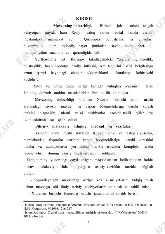 a xulosa qismida keltirilgan malumotlardan umumiy o’rta ta’lim maktablari, akademik litseylar, o’rta maxsus kasb - hunar kollejlarida tarix fani darslarida o’lka tarixini o’rganishda foydalanish mumkin. ishning aprabasiyasi. bitiruv - malakaviy ish qarshi davlat universiteti tarix fakul’teti ”jahon tarixi va arxeologiya” kafedrasi qoshidagi ”yosh tarixchi” to’garagida ma’ruza qilingan va kafedra yig’ilishlarida muhokamadan o’tgan. bitiruv malakaviy ishning to’zilishi. ish kirish ikki bob, to’rt fasl, xulosa, adabiyotlar ro’yhatadan iborat. 1. xitoyda birinchi fuqoralar urushi. 1.1.shimol yurisidagi g’alaba birinchi jahon urushi davrida yaponiya imperializmi anfuistik militaristlarga tayanib markaziy pekin hukumatini o’z kontroli ostiga olib , xitoyni o’ziga buysundirishga qaratilgan birqanch tadbirlarni amalga oshirdi. xolbuki, amerika imperealistlari amerika nuqtai nazarini tarqatish hamda yaponiya militarist davlatiga qarshi chiqish uchun bir vaqtlar aqshda o’qigan xitoy intellegentsiyasidan foydalandi.birinchi jahon urushi tamom bo’lgandan so’ng aqsh angliya bilan birlashib yaponiyaning xitoyni butunlay bosib olish planiga qarshi chiqdi. shuning uchun ham yaponiya xitoyda o’z ta’sirini kengaytirish ishlarini bir qancha vaqtlarcha to’xtatib …