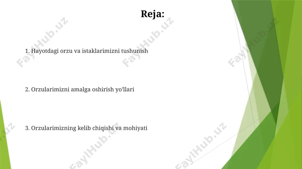 habbat, do'stlik) va o'z-o'zini anglash (maqsadga erishish, rivojlanish) bo'lishini ajratish mumkin. bu toifalar maslou ehtiyojlar ierarxiyasi bilan bog'liq. istaklarimizni boshqarish motivatsiya nazariyalariga ko‘ra, 3 ta asosiy istak turi mavjud: fiziologik, ijtimoiy va o‘z-o‘zini amalga oshirish istaklari. ularning har birini muvozanatlashtirish muhimdir. istaklarimizni boshqarishda 5-4-3-2-1 texnikasini qo‘llash orqali, istaklarimizning shiddatini kamaytirish va uzoq muddatli maqsadlarimizga erishish ehtimolini 30% ga oshirish mumkin. hayotimizdagi istaklarimiz nima? maslowning ehtiyojlar ierarxiyasi bo'yicha, o'rtacha 70% odamlar o'zlarining asosiy moddiy ehtiyojlarini qondirgandan keyin, o'z-o'zini anglash va o'z-o'zini amalga oshirish kabi yuqori darajadagi istaklarga ega bo'ladilar. hayotimizdagi istaklarimiz ko'pincha 3 ta asosiy kategoriyaga: fiziologik ehtiyojlar (ovqat, uy), xavfsizlik (barqarorlik, sog'liq) va ijtimoiy ehtiyojlar (muhabbat, do'stlik) bo'linadi. e'tiboringiz uchun rahmat @taqdimot_robot image1.jpg image2.jpg image3.jpg image4.jpg image5.jpg image6.jpg image7.jpg