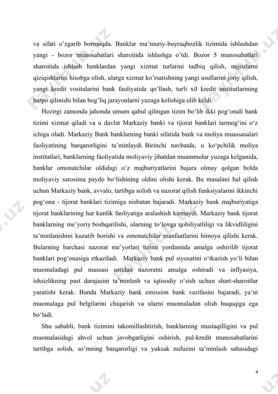 ashuvi va barqarorlashuvini ta’minlash uchun qanday tadbirlar amalga oshirilishi kerak? · inflyatsiyani oldini olish va uni pasaytirish omillari nimalardan iborat? i bob . kreditning mohiyati va moliya tizimidagi roli 1.1 kredit mohiyati va zarurligi ma’lumki, pul mablag’lariga ko’p hоllarda krеditlarga оlingan mablag’lar, kоrxоnalarning hisоb varaqasidagi mablag’lar va naqd pul lar, aylanma mablag’lar va mоliyaviy rеsurslar kiradi. pulni saqlash va ayirboshlash bo‘yicha operatsiyalar bilan shug‘ullanuvchi shaxslar yig‘ilgan boyliklar - pullar samarasiz, harakatsiz yotganini tushunishar va agar mavjud mablag‘larning hech bo‘lmaganda bir qismini bo‘lsa ham vaqtinchalik foydalanishga berilsa, sezilarli foyda olish mumkinligini bilishar edi. shunday qilib, garov asosida pullarni ma’lum muddatga qaytarish va foiz to‘lash shartlari bilan berishayotgan ssuda (kredit) operatsiyalari paydo bo‘lgan. bunda garov sifatida uylar, kemalar, qimmatbaho buyumlar, chorva mollari, qullar qabul qilingan. bir bank, aniqrog‘i pulni saqlab beruvchi xizmatlaridan bir-biri bilan o‘zaro hisob-kitoblar bilan bog‘langan bir necha shaxslar foydalanish mumkin bo‘lgani uchun, asta-sekin mijozlarga hisob-kitob xizmatini ko‘rsatish operatsiyalariga ehtiyoj …