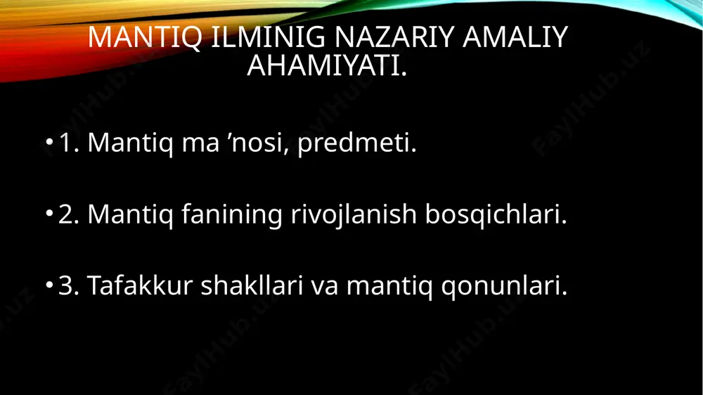 i va metodlarini belgilab beradi. bilish murakkab, ziddiyatli, turli xil darajalarda va shakllarda amalga oshadigan jarayondir. uning dastlabki bosqichini hissiy bilish - insonning sezgi organlari yordamida bilish tashkil etadi. bu bosqichda predmet va hodisalaming tashqi xususiyatlari va munosabatlari, ya’ni ulaming tashqi tomonida bevosita namoyon bo’ladigan va shuning uchun ham inson bevosita seza oladigan belgilari haqida ma’lumotlar olinadi. hissiy bilish 3 ta shaklda: sezgi, idrok va tasavvur shaklida amalga oshadi. sezgi predmetning birorta tashqi xususiyatini (masalan, rangini, shaklini, ta’mini) aks ettiruvchi yaqqol obrazdir. idrok predmetning yaxlit yaqqol obrazi bo’lib, u mazkur predmet haqidagi turli xil sezgilami sintez qilish natijasida hosil bo’ladi. alohida olingan sezgilardan farqli o’laroq, idrok berilgan predmetni boshqa predmetlardan (masalan olmani behidan, nokdan va shu kabilardan) farq qilish imkonini beradi. tasavvur esa avval idrok etilgan predmetning obrazini ma’lum bir signallar (berilgan predmet bilan ma’lum bir umumiylikka ega bo’lgan) ta’sirida miyada qayta hosil qilishdan, yoki shu va boshqa obrazlar negizida …