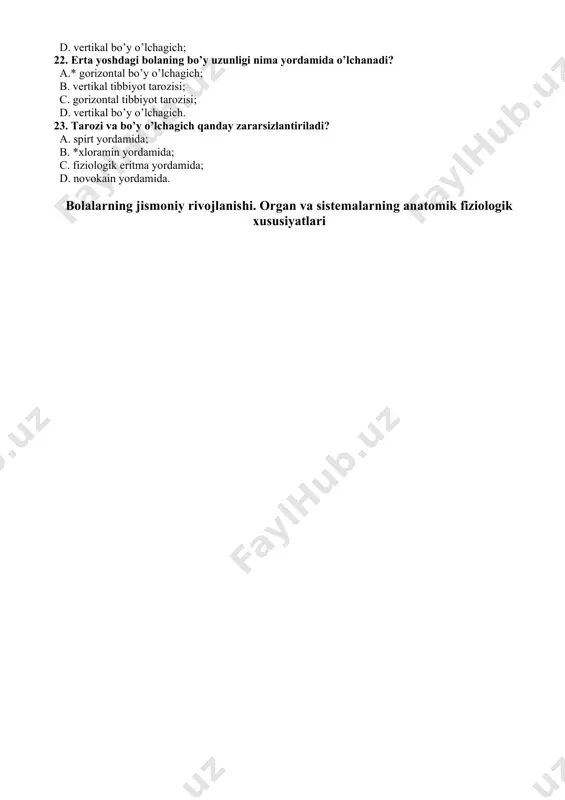 adi? a. spirt yordamida; b. *xloramin yordamida; c. fiziologik eritma yordamida; d. novokain yordamida. bolalarning jismoniy rivojlanishi. organ va sistemalarning anatomik fiziologik xususiyatlari 24.6 oylikkacha bo’lgan bolaning tana vaznini qaysi formula bilan aniqlanadi? a. *mbk= tmm+800x n; b.mbk = tmm + 3200 xn; c.mbk = 800 x n + tmm; d.mbk = 800 x n. 25.bolaning ruhiy holatini baholashda qaysi hususiyatlarga tayaniladi? a.*kulimsirashi, yaqin kishilarini tanishi; b. mushaklarning yo’g’onlashishi, tonusning normallashuvi; c. tana harorati darajalari, bezovtaligi; d.uyquning buzilishi, ko’p yig’lashi. 26.12 oylik bolaning tishlari normada nechta bo’ladi? a.*8 ta; b.20 ta; c.10 ta; d.6 ta. 27.katta liqildoq qaysi suyaklar orasida joylashgan? a.*peshona va tepa suyaklari; b.tepa va ensa suyaklari; c.chakka va tepa suyaklari; d.ensa va chakka suyaklari. 28.bolalarda nafas organlarining fiziologik hususiyatiga nima kirmaydi? a.*hansirab nafas olish; b.nafas sonining ko’pligi; c.nafasning yuzaki bo’lishi; d.nafasning notekisligi. 29.chaqaloqlarning qaysi sohasida puls sonini hisoblab bo’lmaydi? a.uyqu arteriyasi; b.*bilak arteriyasi; c.chov arteriyasi; d.chakka arteriyasi. …