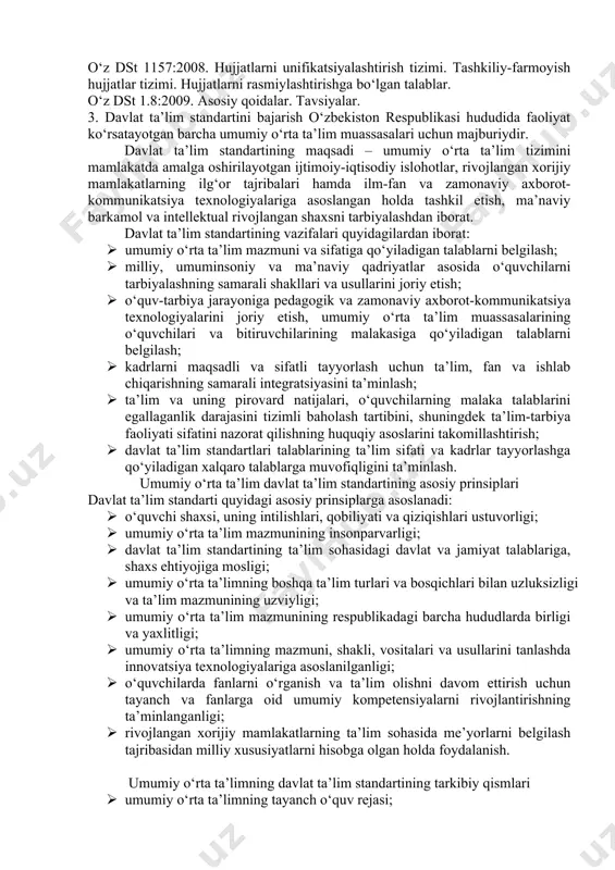 dasturlari asosida amalga oshiriladi. o‘zbekiston respublikasi oliy va o‘rta maxsus ta’lim vazirligi davlat oliy ta’lim muassasalariga mustaqil ishlab chiqilgan va tasdiqlangan o‘quv dasturlari, malaka talablari hamda o‘quv rejalari asosida ta’lim xizmatlari ko‘rsatish bo‘yicha vakolatlarni berishi mumkin. umumiy o‘rta ta’limning davlat ta’lim standarti umumiy o‘rta ta’limning davlat ta’lim standarti dtsning maqsad va vazifalarini, asosiy prinsiplarini, tarkibiy qismlarini, davlat ta’lim standartlarini joriy etish hamda davlat ta’lim standartlari talablariga rioya etilishini nazorat qilish tartibini belgilaydi. davlat ta’lim standartini ishlab chiqish quyidagi hujjatlarga asoslanadi: o‘zbekiston respublikasi konstitutsiyasi; «ta’lim to‘g‘risida»gi o‘zbekiston respublikasi qonuni; «kadrlar tayyorlash milliy dasturi to‘g‘risida»gi o‘zbekiston respublikasi qonuni; o‘zbekiston respublikasi vazirlar mahkamasining «uzluksiz ta’lim tizimi uchun davlat ta’lim standartlarini ishlab chiqish va amalda joriy etish to‘g‘risida» 1998-yil 5-yanvardagi 5-son qarori; o‘zbekiston respublikasi vazirlar mahkamasining «uzluksiz ta’lim tizimining chet tillar bo‘yicha davlat ta’lim standartini tasdiqlash to‘g‘risida» 2013-yil 8-maydagi 124-son qarori; o‘zbekiston respublikasi vazirlar mahkamasining «umumiy o‘rta ta’lim to‘g‘risidagi nizomni tasdiqlash to‘g‘risida»gi 2017-yil 15-martdagi …