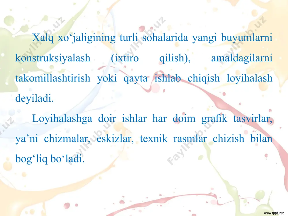 1-chizma, a dagi detalning vazni (og‘irligi)ni kamaytirish maqsadida uning shakli (geometriyasi) qayta loyihalanadi. natijada, 18.1-chizma, b, c, d lardagi ko‘rinishga keladi. yoki yana boshqacha badiiy loyihalash yo‘li izlanadi. detalga kiritilgan o‘zgartirishni chizma orqali amalga oshirishni chizmani qayta ijodiy loyihalash deyish mumkin. detal geometriyasi ﬁkran o‘zgartirib, uni qayta ijodiy loyihalangan holatini tasavvur qilish ﬁkrlash qo‘zg‘atuvchanligini o‘stiradi. chizmada ijodiy loyihalash elementlarini kiritish orqali turli dizayn muammolarini yechish mumkin bo‘ladi. 18.2-chizma, a da detal a va b qismlardan tuzilgan bo‘lib, uning chizmasi 18.2-chizma, b da ko‘rsatilgan. detalning a bo‘lagi xuddi shunday shakldagi va o‘lchamdagi o‘yiqqa, b qismi hisobiga almashtirish lozim bo‘lsa, 18.2-chizma, c dagidek ko‘rinishga ega bo‘ladi. bu yerda detalning a bo‘lagining balandligi pastga tomon b qismi hisobiga o‘lchab qo‘yiladi. misol. quti (shkatulka)ning umumiy (xomaki) ko‘rinishlari berilgan (18.3-chizma, a). qutining qopqog‘i a shunday loyihalansinki, u quti b ni jips yopib tursin. qopqoq turli ko‘rinishlarda loyihalanishi mumkin. bu yerda loyihalanayotgan qopqoqni idrok qilishni osonlashtirish …