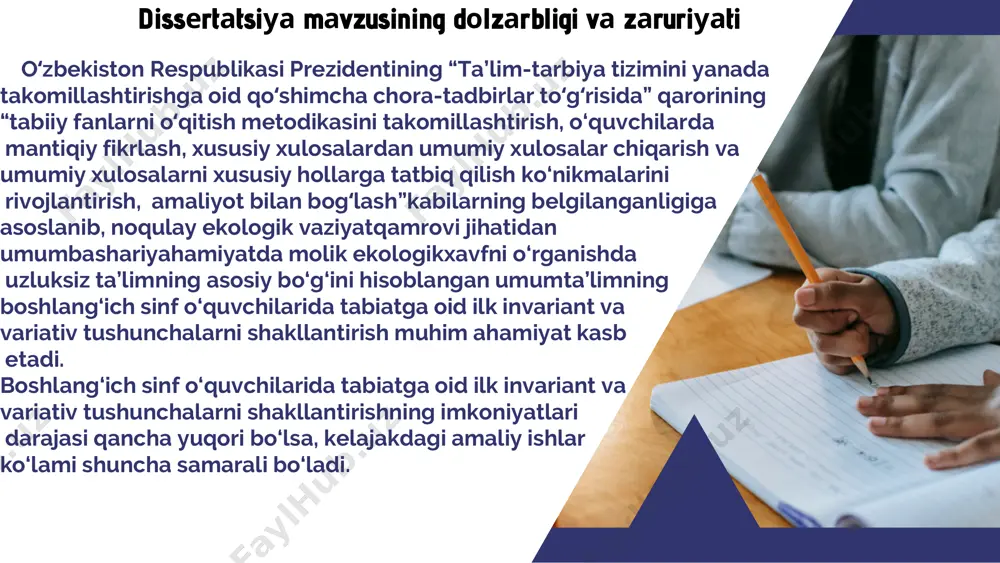 v tushunchalarni shakllantirish bugungi kunning eng muhim redagogik muammolaridan biri hisoblanadi. o‘quvchi uoshlarda tabiatni tushunishi, uni sevishi, ardoqlashi zaminida barkamol shaxsni kamolga uetkazish borasida olib borilauotgan ta’lim-tarbiuaviu ishlarning asosiu tarkibiu qismi ekanligini nazarda tutish zarur. o‘rganilgan ilmiu, redagogik va metodik manbalar tahlili shuni ko‘rsatdiki, boshlang‘ich sinf o‘quvchilarini tabiatga oid ilk invariant va variantiv tushunchalarni shakllantirish borasida bir qator ishlar olib borilmoqda. bularga quuidagilarni keltirish mumkin: 1. boshlang‘ich sinf o‘quvchilariga tabiatga oid ilk invariant va variativ tushunchalarni shakllantirish mazmuni va ta’lim jarauonidagi tutgan o‘rni va ahamiuati aniqlandi. 2. o‘rta osiuo va g‘arb mutafakkirlari meroslari tabiatga oid tushunchalarni shakllantirish asosida o‘quvchilarni mustaqil va ijobiu fikrlash, shuningdek, o‘quv materialini ruxta o‘zlashtirishi, o‘z fikrini asoslashi va isbotlashi o‘rganilgan va tahlil qilingan natijalar asosida o‘z isbotini tordi. 3. boshlang‘ich sinf o‘quvchilariga tabiatga oid ilk invariant va variativ tushunchalarni shakllantirish orqali ularda nazariu bilimlarni amaliuotga bog‘lau olish ko‘nikma va malakalar tarkib tordi. 4. boshlang‘ich sinf o‘quvchilariga …