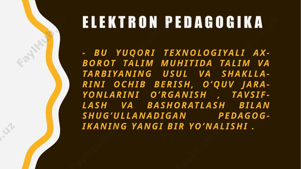 hat xizmatlarini bajarish yo’lga qo’yiladi. elektron pedagogika pedagogikaning zamonaviy tarmog‘i sifatida. elektron pedagogika pedagogi -kaning zamonaviy tarmog‘i sifatida pedagogik faoliyatida kerakli inte -raktiv o‘quv-uslubiy qo‘llanmalar, elektron dasturiy vositalarni yara -tish qoidalari va texnologiyalari to‘g‘risida tasavvurga ega bo‘lishini va o‘ziga kerakli fanlar bo‘yicha elektron interaktiv darsliklar mus -taqil yaratish uchun amaliy ko‘nik -malar hosil qilish. pedagogik dasturiy vositalarni quyidagilarga ajratish mumkin: 1) o’rgatuvchi dasturlar – o’quvchilarning bilim darajasi va qiziqishlaridan kelib chiqib yangi bilimlarni o’zlashtirishga yo’naltiradi ; 2) test dasturlari – egallagan bilim , malaka va ko’nikmalarni tekshirish yoki baholsh maqsadlarida qo’llaniladi ; 3) mahq qildirgichlar – avval o’zlshtirilgan o’quv materialini takrorlash va mustahkamlashga xizmat qiladi ; 4) o’qituvchi ishtirokidagi virtual o’quv muhitini shakllantiruvchi dasturlar ; etiboringiz uchun rahmat ism: sherxon muhammadiyev guruh: 221 yo’nalish: amaliy matematika fan: umumiy psixologiya va pedagogika image1.jpg image2.jpg image3.png image4.svg image5.jpeg image6.jpeg image7.jpeg help hemis magistr stipendiya transfer doktorantura iq t-kontrakt /docprops/thumbnail.jpeg
