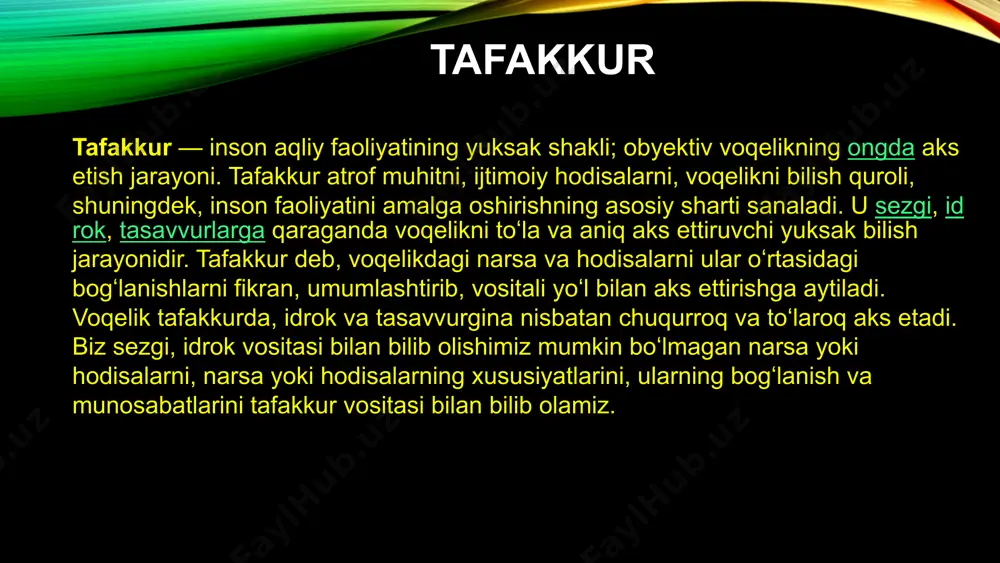 a chiqarish qobiliyati mantiqiy tafakkurning asosiy ko'nikmasidir. 8 deduktiv xulosa: mantiqiy aniqlik asosiy xususiyatlar deduktiv xulosa - bu asoslar rost bo'lsa, xulosa ham albatta rost bo'ladigan xulosa turidir. u umumiy qoidalardan xususiy holatlarga o'tishni o'z ichiga oladi. deduktiv xulosalar mantiqiy jihatdan aniq va ishonchlidir. misol masalan, "barcha odamlar o'ladi" va "sokrat odam" asoslaridan "sokrat o'ladi" xulosasi kelib chiqadi. bu deduktiv xulosaga yorqin misol bo'la oladi. 9 induktiv xulosa: ehtimollik va kuzatuv mohiyati induktiv xulosa - bu asoslar rost bo'lsa ham, xulosa yolg'on bo'lishi mumkin bo'lgan xulosa turidir. u xususiy holatlardan umumiy qoidalarga o'tishni o'z ichiga oladi. induktiv xulosalar ehtimoliy xarakterga ega va kuzatuvlarga asoslanadi. 1 namuna masalan, "men har kuni quyosh chiqishini ko'raman" asosidan "ertaga ham quyosh chiqadi" xulosasi kelib chiqadi. bu induktiv xulosaga oddiy misol bo'ladi. 2 10 analogiya: o'xshashlik asosida xulosa analogiya analogiya - bu ikki narsa yoki hodisa o'rtasidagi o'xshashlikka asoslangan xulosa turidir. agar ikkita narsa bir …