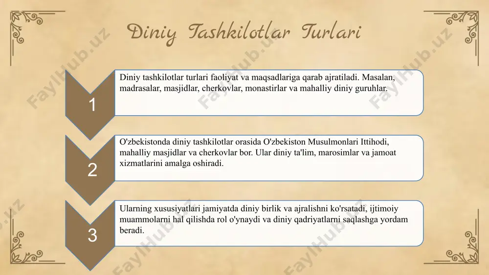 g‘liq muhim nuqtalar, ularning qonuniy faoliyat yuritishini ta’minlaydi. rivojlanish uchun hamkorlik va tushunishni kengaytirish zarur, bu esa jamiyatda barqarorlik va tinchlikni ta’minlaydi. foydalanilgan adabiyotlar 1. islom va dunyo muqobilati: o'zbekiston diniy tashkilotlari va ularning jamiyatdagi o'rni. toshkent: fan va ta'lim nashriyoti, 2020. 2. o'zbekiston respublikasining diniy siyosati va qonunchiligi. tashkent: o'zbekiston milliy universiteti, 2019. 3. shakirov, a. diniy tashkilotlar va ularning jamiyatdagi ta'siri. toshkent: adabiyot va san'at nashriyoti, 2021. 4. qodirov, s. diniy tashkilotlarning huquqiy asoslari va qonunchilikda yasalgan asoslar. o'zbekiston qonunchiligi va huquqshunoslik jurnali, 2022. 5. nazarov, m. diniy tashkilotlar va madaniy meros: o'zbekiston tajribasi. toshkent: fan va texnologiya nashriyoti, 2018. e'tiboringiz uchun rahmat! designed by slides carnival image3.jpg image4.png image17.jpg image6.png image7.png image18.jpg image9.jpeg image1.jpg image2.png