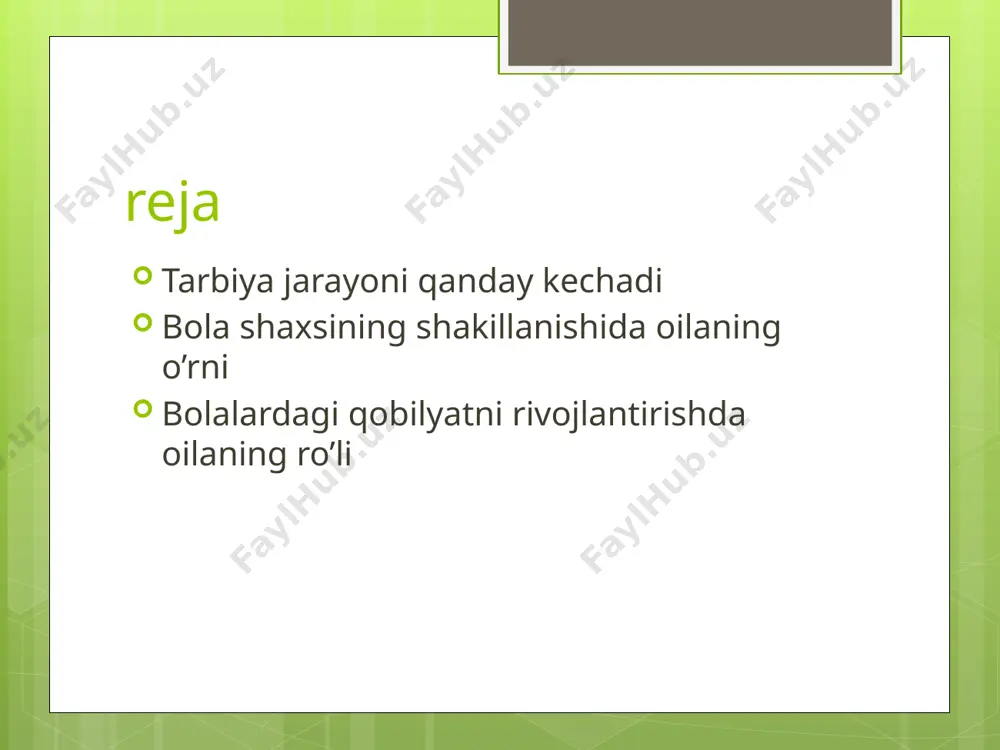 poq qog'ozni yaxshi narsalar bilan ham yomon narsalar bilan ham to'ldirish ota-onaga bogliq. bola tarbiyasida ota-ona birdek masulyatga ega bo'lishi lozim. faqatgina ona yoki ota tarbiyasi bola tarbiyasining shakillanishida noto'g'ri tasir ko'rsatishi ham mumkin. hozirgi kunda ajralishlar soni keskin ko'payib ketigan bu hol bola tarbiyasiga ham tasir ko'rsatmay qolmaydi. oilada yolg'iz ona farzandini tarbiyalasa yoki ota yolg'iz tarbiyalasa, atrofdagi munosabatlar bolada ota-onaga nisbattan ishonchsizlik, nafrat tuyg'ularini shakillantiradi. natijada bolaning ko'ziga go'yoki uni hech kim tushunmaydigandek o'zini yolg'iz his etadi. barcha odamlarga nisbattan nafrat tuyg'ulari shakllanib boradi. kattalar bilan bo'ladigan muloqoti tufayli bola atrof hayot haqida ko'proq ma'lumot oladi. avvalambor bola tarbiyasida oila mustaxkamligi birinchi o'rinda turadi. onamiz bizni odobli, tartib-intizomli, mehribon, ozodalikka rioya qiladigan, kattalar va kichiklarga hurmatda bo'ladigan qilib tarbiyalasa, otamiz esa bizni masuliyatli, qatiyatli, kuchli, o'ziga ishonadigan, sabr-bardoshli qilib tarbiyalaydi. bola boshqa muhitga tushib qolganida kattalarga hurmati, dunyoqarashi, har qanday vaziyatda o'zini tuta ola bilishi oilada ko'rgan tarbiyasini …