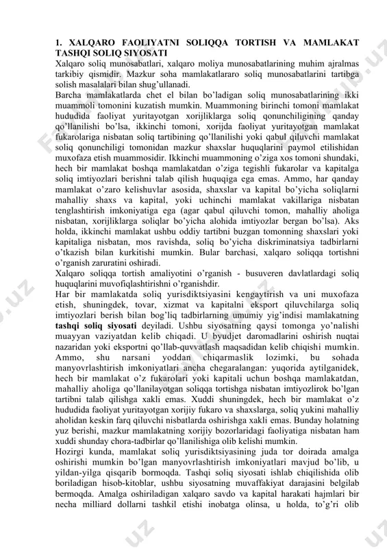 sh, shuningdek, tovar, xizmat va kapitalni eksport qiluvchilarga soliq imtiyozlari berish bilan bog’liq tadbirlarning umumiy yig’indisi mamlakatning tashqi soliq siyosati deyiladi. ushbu siyosatning qaysi tomonga yo’nalishi muayyan vaziyatdan kelib chiqadi. u byudjet daromadlarini oshirish nuqtai nazaridan yoki eksportni qo’llab-quvvatlash maqsadidan kelib chiqishi mumkin. ammo, shu narsani yoddan chiqarmaslik lozimki, bu sohada manyovrlashtirish imkoniyatlari ancha chegaralangan: yuqorida aytilganidek, hech bir mamlakat o’z fukarolari yoki kapitali uchun boshqa mamlakatdan, mahalliy aholiga qo’llanilayotgan soliqqa tortishga nisbatan imtiyozlirok bo’lgan tartibni talab qilishga xakli emas. xuddi shuningdek, hech bir mamlakat o’z hududida faoliyat yuritayotgan xorijiy fukaro va shaxslarga, soliq yukini mahalliy aholidan keskin farq qiluvchi nisbatlarda oshirishga xakli emas. bunday holatning yuz berishi, mazkur mamlakatning xorijiy bozorlaridagi faoliyatiga nisbatan ham xuddi shunday chora-tadbirlar qo’llanilishiga olib kelishi mumkin. hozirgi kunda, mamlakat soliq yurisdiktsiyasining juda tor doirada amalga oshirishi mumkin bo’lgan manyovrlashtirish imkoniyatlari mavjud bo’lib, u yildan-yilga qisqarib bormoqda. tashqi soliq siyosati ishlab chiqilishida olib boriladigan hisob-kitoblar, …