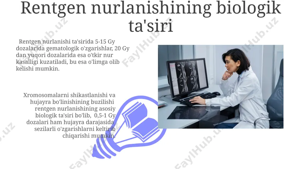 bilan tasdiqlanadi, bunda fotonlar elektronlar bilan to’qnashganda energiya va impuls yo’qotishadi, to’qnashuv burchagi va energiya o’zgarishi aniq formulalar bilan hisoblanadi. rentgen nurlanishining korpuskulyar xossalaridan biri, uning fotoeffekt hosil qilish qobiliyatidir, ya’ni rentgen fotonlari modda bilan o’zaro ta’sirlashganda elektronlarni chiqarishi mumkin, bu jarayonning energiyasi foton energiyasiga bog’liq. rentgen nurlanishining qo'llanilishi rentgenografiya yordamida 0,1 mm gacha bo'lgan mayda detallarni aniqlash mumkin bo'lib, bu yuqori aniqlikdagi tasvirlar olish imkonini beradi. rentgen strukturaviy tahlil usuli sifatida kristallar tuzilishini, masalan, 200 nm gacha bo'lgan atomlarni o'rganishda keng qo'llaniladi. rentgen nurlanishining tarqalishi rentgen nurlanishining tarqalishi muhitning atom raqamiga bog'liq bo'lib, yuqori atom raqamli materiallarda ko'proq sochilish kuzatiladi. masalan, qo'rg'oshin suvga qaraganda rentgen nurlarini ancha ko'proq sochadi. rentgen nurlarining tarqalish yo'nalishi, ularning energiyasi va moddaning zichligiga bog'liq bo'lib, yuqori energiyali nurlar kamroq sochiladi. masalan, 100 kev rentgen nurlari 10 kev ga nisbatan kamroq sochiladi. rentgen nurlanishining energiyasi va chastotasi 01 02 rentgen nurlanishining energiyasi foton energiyasi bilan …