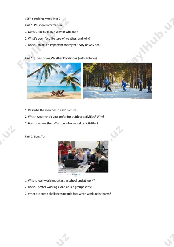 u think children should be encouraged to play sports? why or why not? part 1.1: describing sports activities (with pictures) (b1-b2) . 1. describe the two different types of physical activities in the pictures. 2. which one would you prefer to do for exercise? why? 3. why is it important for people to stay active? part 2: long turn (b2-c1) 1. why do you think many people are choosing to cycle instead of driving? 2. should cities invest more in building bicycle lanes? why? 3. do you think cycling can help reduce pollution in urban areas? part 3: discussion (c1-c2) topic: the importance of exercise in daily life for: improves physical health and well-being. reduces stress and boosts mental health. increases productivity and focus. against: not everyone has time for regular exercise. gym memberships and equipment can be expensive. some people find exercise boring or repetitive. 1. do you think …