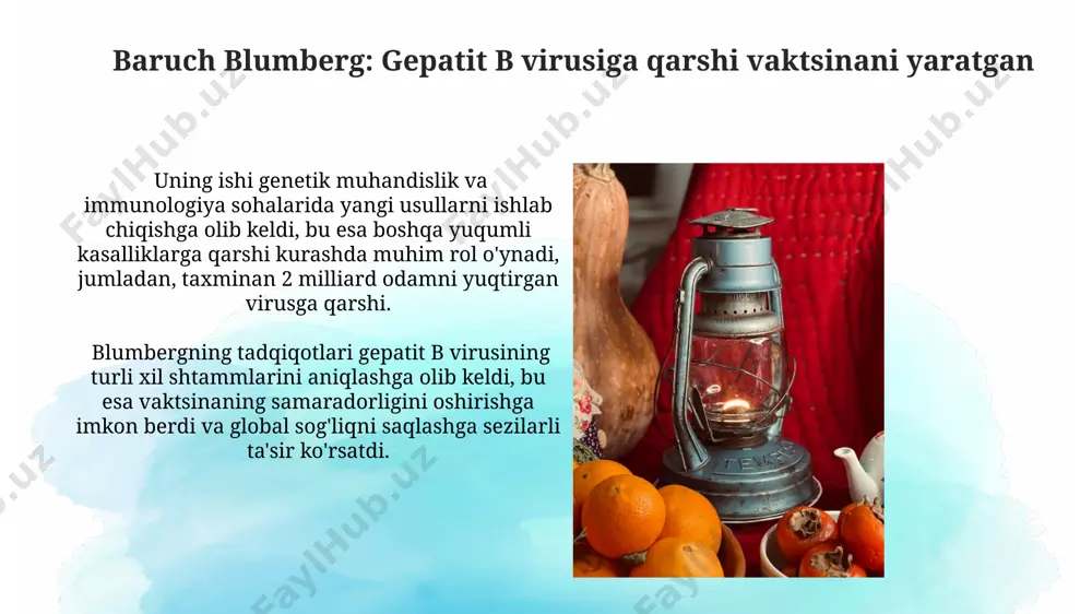 , dori vositalarining selektivligi va samaradorligini oshirishga yordam bergan. christiaan barnard: birinchi yurak transplantatsiyasi operatsiya taxminan 6 soat davom etdi va bemor, 53 yoshli lui vashkanskiy, 18 kun yashadi, bu esa yurak transplantatsiyasi texnologiyasining rivojlanishi uchun muhim bosqich bo'ldi. кристиан барнард 1967-yil 3-dekabrda dunyodagi birinchi muvaffaqiyatli yurak transplantatsiyasi operatsiyasini o'tkazdi, bu jarrohlik amaliyoti tibbiyot tarixida inqilob qildi. anton van leeuwenhoek: mikrobiologiyaning asoschisi anton van leeuwenhoek 300 dan ortiq mikroskop yaratgan bo'lib, ularning yordamida bakteriyalar, protozoa va boshqa mikroorganizmlarni birinchi bo'lib kuzatgan. leeuwenhoekning kuzatuvlari mikrobiologiya fanining rivojlanishiga asos bo'lib, kasalliklarning mikroorganizmlar bilan bog'liqligini tushunishga yordam berdi. louis pasteur: mikrobiologiya va immunologiyaning otasi u pasterizatsiya jarayonini ixtiro qilib, sut va boshqa mahsulotlarni yuqori haroratda qisqa muddat qizdirish orqali zararli bakteriyalarni yoʻq qilish usulini ishlab chiqdi. lui paster 30 dan ortiq turdagi mikroorganizmlarni aniqlab, ularning kasalliklarga sababchi boʻlishini isbotladi, bu esa tibbiyotda inqilob qildi. e'tiboringiz uchun rahmat @taqdimot_robot image2.jpg image3.jpg image4.jpg image5.jpg image6.jpg …