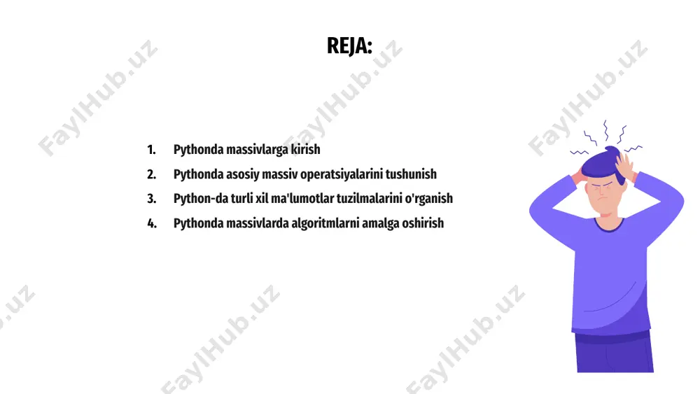 ilib samarali foydalanishni bilish muhim ahamiyatga ega. python-da massivlarni manipulyatsiya qilish texnikasi va algoritmlarini o'zlashtirib, siz kodlash jarayonini soddalashtirishingiz va turli xil ma'lumotlarni qayta ishlash vazifalari uchun yanada samarali va samarali echimlarni yaratishingiz mumkin. pythonda massivlarda algoritmlarni amalga oshirish pythonda massivlar bilan ishlash bir o‘zgaruvchida bir nechta qiymatlarni saqlash va ular ustida turli amallarni bajarishni o‘z ichiga oladi. python-da massivlarda algoritmlarni amalga oshirish uchun siz massiv elementlarini manipulyatsiya qilish uchun sort(), teskari() va append() kabi ichki funksiyalardan foydalanishingiz mumkin. bundan tashqari, siz maxsus talablar asosida massiv elementlarini qidirish, saralash yoki manipulyatsiya qilish uchun o'zingizning shaxsiy algoritmlaringizni yaratishingiz mumkin. pythonda massiv operatsiyalarini optimallashtirish pythonda massivlar bilan ishlash ma'lumotlarni samarali saqlash va manipulyatsiya qilishni o'z ichiga oladi. saralash va qidirish kabi algoritmlarni tushunib, yaxshi ishlash uchun massiv operatsiyalarini optimallashtirishingiz mumkin. python-da massiv operatsiyalarini optimallashtirishning asosiy jihatlaridan biri numpy kabi o'rnatilgan funktsiyalar va kutubxonalardan foydalanishdir. ushbu vositalar murakkab massiv hisoblarini osonlik bilan bajarish …