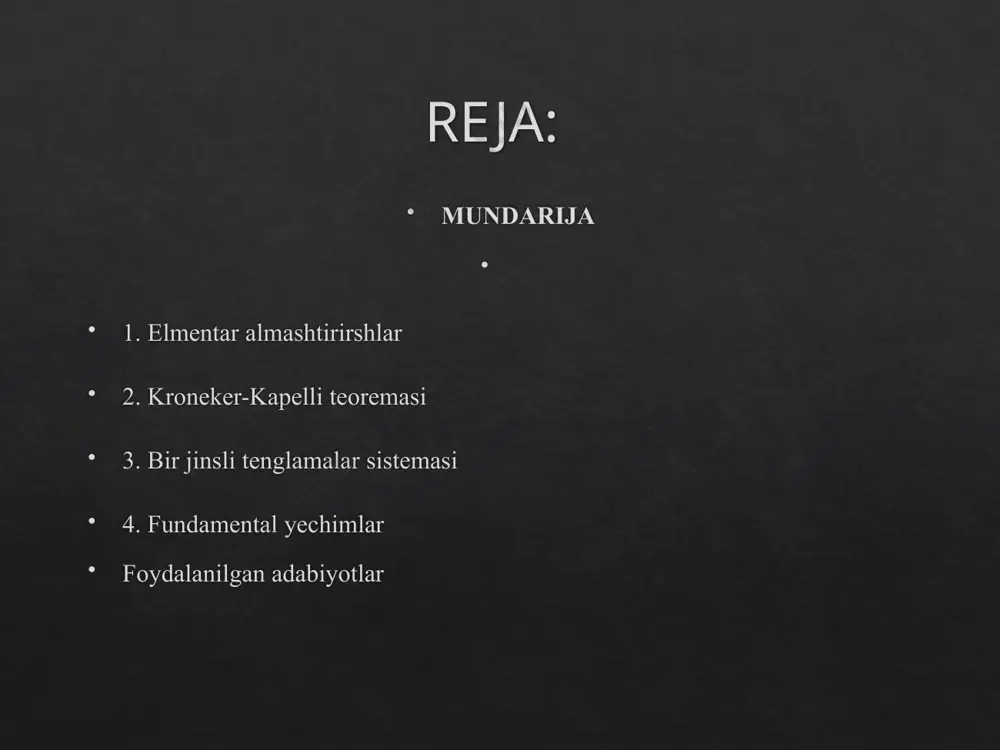 matrisaning rangini aniqlaydigan r-tartibli minor matrisaning yuqori chap burchagida joylashgan bo’lsin deb olamiz, yani elementar almashtirishlar haqidagi teoremaga asosan c matrisaning rangi b matrisaning rangiga teng. lekin c matrisaning rangi a matrisaning ham rangiga teng, chunki, nollardan iborat ustunning qo’shilishi a matrisaning rangini o’zgartirmaydi. u holda b matrisaning dastlabki -satri chiziqli bog’lanmagan bo’ladi, chunki bu matrisaning rangi ga teng, b matrisaning qolgan ta satrlari dastlabki -ta satrlari orqali chiziqli ifodalanadi. bu esa (1) sistemaning dastlabki –ta tenglamasi chiziqli bog’lanmaganligini, qolgan ta tenglamalari esa ularning chiziqli kombinasiyalaridan iborat ekanligini anglatadi. demak, chtslarning elementar almashtirishlari yordamida keyingi ta tenglamalar nolga aylantirilishi mumkin. bu holda (1) sistemada ta tenglama qoladi. bizga shu –ta tenglamadan iborat bo’lgan sistemani yechish yetarli. topilgan yechimlar qolgan ta tenglamalarni ham qanoatlantiradi. bu yerda quyidagi hollar bo’lishi mumkin sistemaning asosiy determinanti bo’lib, bu sistemani kramer formulalari bilan yechish mumkin. bu holda (1) sistema birgalikda bo’lib, yagona yechimga ega bo’ladi. …
