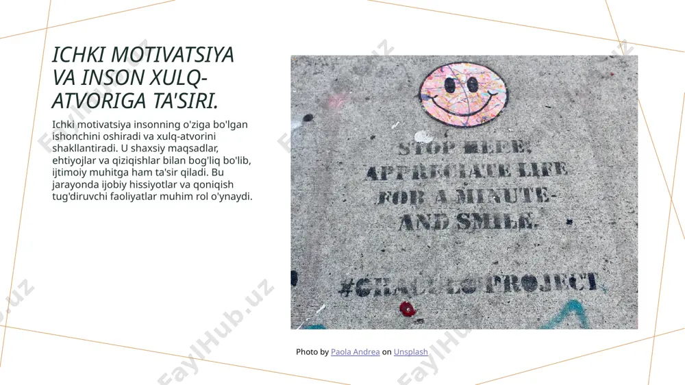 ntiradi va muhim ahamiyatga ega. 2 o'zbek madaniyati o'zbek madaniyati, an'analar, urf-odatlar va til orqali milliy identitetni mustahkamlashda muhim rol o'ynaydi, bu esa psixologik jarayonlarni ta'sir qiladi. 3 o'zlik hissi o'zlik hissi, shaxsning o'zini o'zbekiston fuqarosi sifatida his qilishini anglatadi, bu psixologik barqarorlik va ijtimoiy integratsiya uchun zarurdir. 4 ijtimoiy psixologiya ijtimoiy psixologiya, shaxslararo munosabatlar va guruh dinamikasi orqali milliy identitetni shakllantirishda muhim ahamiyatga ega, bu o'zbek misollarida ko'rinadi. xulosa 1 ichki va tashqi ta'sirlar ichki psixologik jarayonlar va tashqi ta'sirlar inson xulq-atvorini shakllantirishda muhim rol o'ynaydi, ular o'zaro aloqada bo'ladi. 2 o'zbek madaniyatida psixologiya o'zbek madaniyatida ichki jarayonlar va tashqi ta'sirlar o'rtasidagi bog'lanish ko'plab misollar bilan tasdiqlanadi, bu esa xulq-atvorni yanada chuqurroq tushunishga yordam beradi. 3 milliy identitet va xulq milliy identitet va psixologik jarayonlar o'rtasidagi bog'lanish o'zbekistonda o'ziga xos xulq-atvor xususiyatlarini belgilab beradi, bu mavzu uchun muhimdir. e'tiboringiz uchun rahmat! image1.jpg image2.jpg image3.jpg /docprops/thumbnail.jpeg