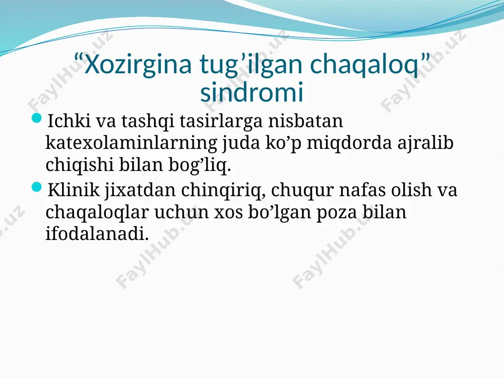 ishlari oddiy eritema – terini birinchi marta tozalaganda reaktiv qizarishi. teri qoplamining fiziologik qipiqlanishi. tug’ruq shishi (venoz giperemiya). toksik eritema 2 – 3 kunligida 10 – 20 % chaqaloqlarda uchraydi. miliaria tabiiy burmalar sohasida uchraydi. chaqaloqlar aknasi – yuz sohasida mayda qizil pustulalar toshadi. xayotining birinchi xaftasida kuzatiladi. image2.jpeg image3.jpeg image4.jpeg /docprops/thumbnail.jpeg