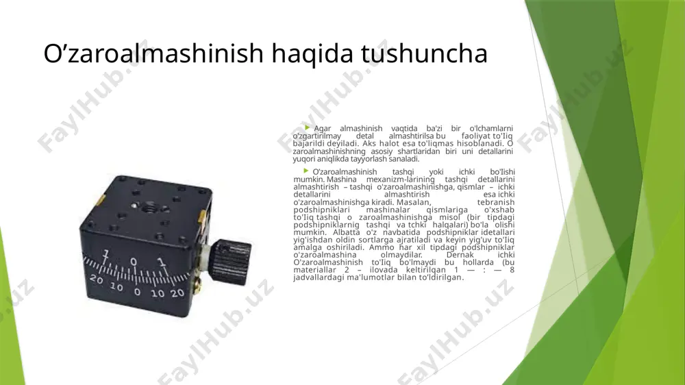 g’almas (presslab, zarblab) o'tqazish va birikmalarda bo'shliq yoki taranglik hosil qiluvchi oraliq o'tkazish. o'tkazishlarni amaliyotda qo'llash qulay bo'lishi uchun teshik tizimi va val tizimiga bo'lingan. o’tqazmalar va ularni hisoblash ishlash sharoitiga ko'ra, loyihaviy hisob bo'yicha belgilangan o'lcham nominal (o’rtacha) deyiladi. bu o'lcham teshik va val uchun bir xil bo'ladi. ikki detalning birikish xarakteri, bo’shliqli (zazor) yoki taranglik bilan biriktirish o’tkazish deyiladi. o'tkazishlar uch xilga bo'linadi; birikmada doimo bo'shliqni ta'minlovchi qo'zg’aluvchan o'tqazish, birikmada doimo taranglikni ta'minlovchi qo'zg’almas (presslab, zarblab) o'tqazish va birikmalarda bo'shliq yoki taranglik hosil qiluvchi oraliq o'tkazish. o'tkazishlarni amaliyotda qo'llash qulay bo'lishi uchun teshik tizimi va val tizimiga bo'lingan. o’tqazmalar va ularni hisoblash mashina detallarining asosiy tavsifi ularning o'lchamlari va shakli bilan belgilanadi. buning uchun mutaxassisga doimo qo'l keladigan va foydali bo'lgan quyidagi aniqliklarni keltiramiz (o’z dst 2.306-96): 1). nominal o'cham – o'lchamlardan chetga chiqishlarni hisoblashdagi sanoq boshi bo'lib, unga nisbatan chegara o'lchamlar hisoblanadi; 2). haqiqiy o'lcham – ruxsat …