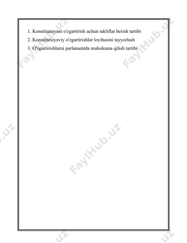 inadi va kerakli tuzatishlar kiritilib, yakuniy matn tayyorlanadi. 3. **takliflar kiritish me'yorlari**: konstitutsiyani o'zgartirish uchun takliflarni kiritishda muayyan me'yorlar belgilangan bo'ladi. masalan, takliflarni ko'pchilik kelishuviga binoan yoki parlamentning muayyan sonida qo'llab-quvvatlash darajasi bilan kiritish mumkin. 4. **parlament qabul qilishi**: takliflar kiritilgandan so'ng, ularni parlament muhokama qiladi. ko'pchilik hukumatlarda konstitutsiyani o'zgartirish uchun qonunchilik organining muayyan qismi (odatda uchdan ikki qismi yoki uchdan bir qismi) tomonidan qo'llab-quvvatlanishi talab qilinadi. 5. **referendum**: ba'zi mamlakatlarda konstitutsiyani o'zgartirish maqsadida umumxalq referendumini o'tkazish talab etiladi. bu jarayon xalqning bevosita ishtirokini ta’minlaydi va o'zgartirishlarning keng miqyosda qo'llab-quvvatlanayotganligini ko'rsatadi. 6. **o'zgartirishning huquqiy kuchga kirishi**: konstitutsiyani o'zgartirish takliflari qabul qilinib ma'qullanganidan so'ng, ular maxsus qonunchilik orqali rasman kuchga kiradi. bu, odatda, davlat boshqaruvi tomonidan e'lon qilinishi yoki rasmiy huquqiy axborot nashrlarida chop etilishi orqali amalga oshiriladi. 7. **o'rnatilgan muddatlar**: aksar hollarda konstitutsiyani o'zgartirish jarayoni maxsus muddatlarga bo'linadi. jarayonning har bir bosqichi, masalan, taklif tayyorlash, uni ko'rib chiqish, ovozga qo'yish …
