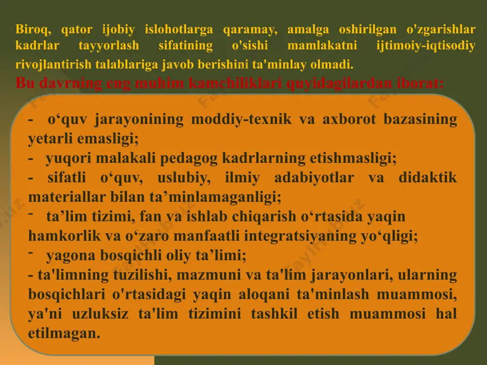 aktika yo‘nalishida 6 yildan 5 yil etib belgilandi. oliy o‘quv yurtidan keyingi ta’lim sohasini yanada takomillashtirish, ilmiy-tadqiqot faoliyatida yoshlarning intellektual salohiyatini namoyon etish imkoniyatlarini kengaytirish maqsadida hamda bir qator ilg‘or xorijiy mamlakatlarning xalqaro amaliyotini o‘rgangan holda 2017-yilning1-iyulidan boshlab oliy o‘quv yurtidan keyingi ta’limning ikki pog‘onali tizimi joriy etildi. birinchisi – dissertatsiya himoya qilish va tegishli fan tarmog‘i bo‘yicha falsafa doktori (phd) ilmiy darajasini berishni nazarda tutuvchi tayanch doktorantura va ikkinchisi – dissertatsiya himoya qilish va tegishli fan tarmog‘i bo‘yicha fan doktori (doctor of sciense) ilmiy darajasini berishni nazarda tutuvchi doktorantura tizimidir. o‘zbekiston respublikasining ta’lim to‘g‘risida yangi qonuni 2020-yil 23-sentabrda qabul qilingan. qonun - 11-bob, 75-moddadan iborat. qonunning asosiy vazifalari: - ta'lim tizimining ishlashi va rivojlanishi uchun huquqiy kafolatlar va mexanizmlarni yaratish; - ta'lim olish jarayonida ta'lim oluvchilar uchun teng imkoniyatlar yaratish va shaffoflikni ta'minlash; - o‘zbekiston respublikasi ta'lim tizimini xalqaro ta'lim standartlari darajasigacha takomillashtirish; - ta'lim sohasida davlat hokimiyati va …