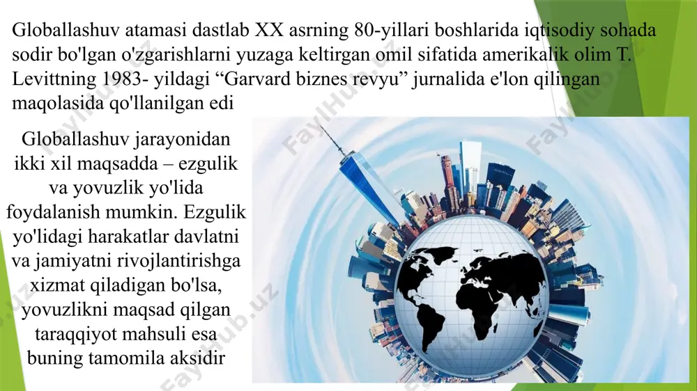 k guruhlar va millatlarning madaniyati, tili, rasm-rusmlari jahon bo’ylab kuchayib borayotgan globallashuv jarayonlarida kata millatlar, yirik milliy madaniyatlar, boy tillar bilan raqobatlasha olmay, o’z-o’zidan faol ijtimoiy-iqtisodiy, lisoniy-zaboniy hayotdan chatga chiqib qolmoqda. globallashuv jarayoni murakkab hodisa. uning turli mamlakatlar iqtisodi, siyosati va ma’naviyatiga o’tkazayotgan ta’siri murakkabligi sababli unga nisbatan ham jahonda bir-biriga qarshi, muxolifatda bo’lgan ikki guruh: 1) globalistlar va 2) aksilglobalistlar guruhlari vujudga keldi. globalistlar - globallashuv tarafdorlaridir. ular orasida davlat arboblari, siyosatdonlar, sanoatchi va biznesmenlar ko’proq uchraydi. xx asr o’rtalarida globallashuvning institutsionlashuvi (tashkillashuvi) kuchaygandan keyin bu jarayon tezlashdi. masalan, butunjahon savdo tashkiloti, xalqaro valyuta jamg’armasi, jahon banki, yevropa taraqqiyoti va tiklanish banki tashkilotlari glabalistlar ta’sirida vujudga keldi. globallashuv - turli mamlakatlar iqtisodiy, madaniyati, ma’naviyati, odamlari o’rtasidagi o’zaro ta’sir va bog’liqlikning kuchayishidir. globallashuvga berilgan ta’riflar juda ko’p. fransuz tadqiqotchisi b.bandi ta’rifida globallashuv jarayonining 3 o’lchovli ekaniga urg’u beriladi: globallashuv - muttasil davom etadigan tarixiy jarayon. globallashuv - jahonning gomogenlashuvi (bir …