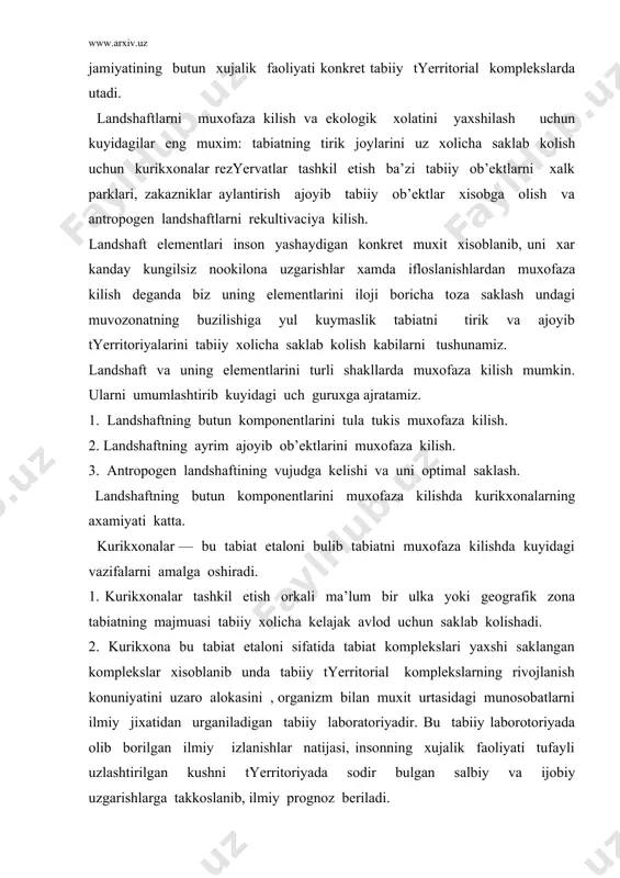 yerritorial komplekslarning rivojlanish konuniyatini uzaro alokasini , organizm bilan muxit urtasidagi munosobatlarni ilmiy jixatidan urganiladigan tabiiy laboratoriyadir. bu tabiiy laborotoriyada olib borilgan ilmiy izlanishlar natijasi, insonning xujalik faoliyati tufayli uzlashtirilgan kushni tyerritoriyada sodir bulgan salbiy va ijobiy uzgarishlarga takkoslanib, ilmiy prognoz beriladi. kurikxonalar soni va turi kamayib borayotgan usimlik va xayvonlarni kuriklash va kupaytirishda juda muxim rol’ uynaydi. kurikxonalar tufayli noyob xayvon va usimliklar kupaytirilib boshka joylarga tarkatiladi. bunga bayxez kurikxonasida kupaytirilgan kulonlarni turkmaniston tyerritoriyasiga kuyib yuborilishi miso l buladi. kurikxona ov kasib tyerish xayvonlarni saklash va ularni kupaytirishda xam axamiyati katta. kurikxonalar tabiatning ajoyib kizikarli noyob joylarini tabiiy xolicha saklab kolishdan juda muxim vazifani bajaradi. kurikxonalarning madaniy - okartuv va estetik jixatidan axamiyati katta. uzbekiston kurikxonalari. № kurikxonalar tashkil etilgan yil maydoni mingaga. urni muxofaza ostiga olingan usimlik ,xayvonot va tabiat yodgorliklari . 1 chotkol tog -urmon 1947 35.3 chotkol tizmasining garbiy yonbagrida archa,kavkaz tugdonasi:tungiz ,ok tirnokli ayik,kor barsi,sugur,okboshli …