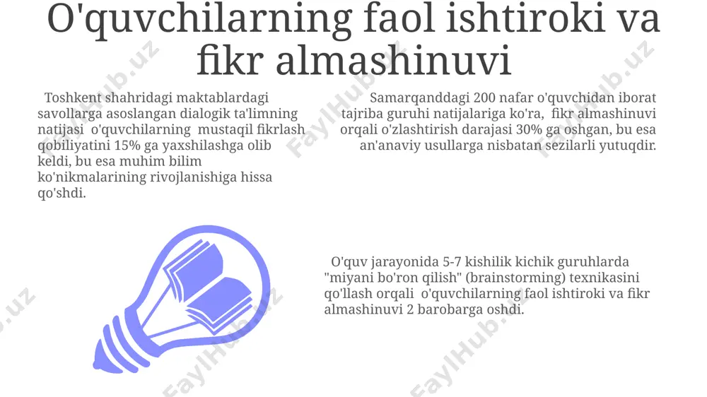 o'z fikrlarini erkin ifoda etishlariga va muammolarni birgalikda hal qilishga 2 barobar ko'proq imkoniyat yaratadi. muloqotning turli shakllari va usullari muloqotning interaktiv shakli – 20 dan ortiq talaba ishtirok etgan "debating" usuli toshkentdagi oliy o'quv yurtlarida keng qo'llanilmoqda va muammoli vaziyatlarni hal qilish ko'nikmalarini rivojlantiradi. bolalar bog'chalarida rasm orqali muloqot (5-7 yoshli bolalar) kabi noan'anaviy usullar farg'ona viloyatining 2 ta tumanida sinovdan o'tkazilib, ijobiy natijalar berdi. o'zbekiston maktablarida 3-sinfdan boshlab 5 xil muloqot uslubi (muallim-o'quvchi, o'quvchi-o'quvchi, guruhli, juftlikli, individual) qo'llanilib, samarqanddagi tajriba maktablarida samaradorligi o'rganilgan. ta'limda dialogik o'zaro ta'sirning ahamiyati ta'lim jarayonida o'quvchilarning 20% faol ishtirokini ta'minlash uchun samarqanddagi maktablarda dialogik o'zaro ta'sir strategiyasini qo'llash natijasida o'rtacha 30% ga akademik ko'rsatkichlar yaxshilandi. xorij tajribasi shuni tasdiqlaydiki, dialogik muloqot, masalan, finlyandiya maktablarida, o'quvchilarning ijodiy fikrlashini rivojlantirishda, taxminan 25% samaradorlikni oshiradi. o'zbekistonning 5 ta viloyatida o'tkazilgan tadqiqotlar shuni ko'rsatdiki, dialogik o'zaro ta'sir metodlari 10-sinf o'quvchilarining muammo hal qilish qobiliyatini 15% ga oshirdi. …