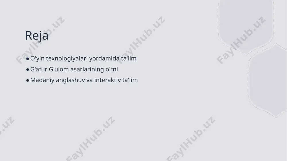 nteraktiv aloqani kuchaytiradi. o'yin asosidagi yondashuv "shum bola" asarida o'yin asosidagi yondashuvlar talabalarga hikoyaning mazmunini tushunishga yordam beradi va ularni ijodiy fikrlashga undaydi. madaniy merosga ta'sir o'yin texnologiyalari orqali g'afur g'ulomning asarlarini o'rganish, o'zbek madaniyatini chuqurroq anglash va qadrlash imkonini beradi. g'afur g'ulom asarlarini o'rganish: madaniy meros va ta'limdagi ahamiyati. 1 madaniy meros g'afur g'ulomning asarlari o'zbekistonning madaniy merosini ifodalaydi. ularning o'ziga xosligi va mazmuni milliy identitetni kuchaytiradi. 2 ta'limda ahamiyati g'afur g'ulom asarlaridan foydalanish ta'lim jarayonida o'quvchilarning madaniy bilimlarini oshiradi va o'zbek adabiyotiga qiziqishini kuchaytiradi. 3 o'rganish jarayoni asarlarni o'rganish o'quvchilarga interaktiv yondashuvlarni taqdim etadi, bu esa o'zaro fikr almashish va ijodiy fikrlashni rivojlantiradi. g'afur g'ulom va zamonaviy ta'lim: asarlarning interaktiv o'qitishdagi roli. 1 g'afur g'ulom asarlari - g'afur g'ulomning asarlari o'zbek adabiyotining muhim qismidir. "shum bola" kabi asarlar, o'zbek bolalarining hayoti va muammolarini aks ettiradi. 2 interaktiv o'qitish - zamonaviy ta'limda interaktiv o'qitish metodlari g'afur g'ulom asarlarini o'qitishda …