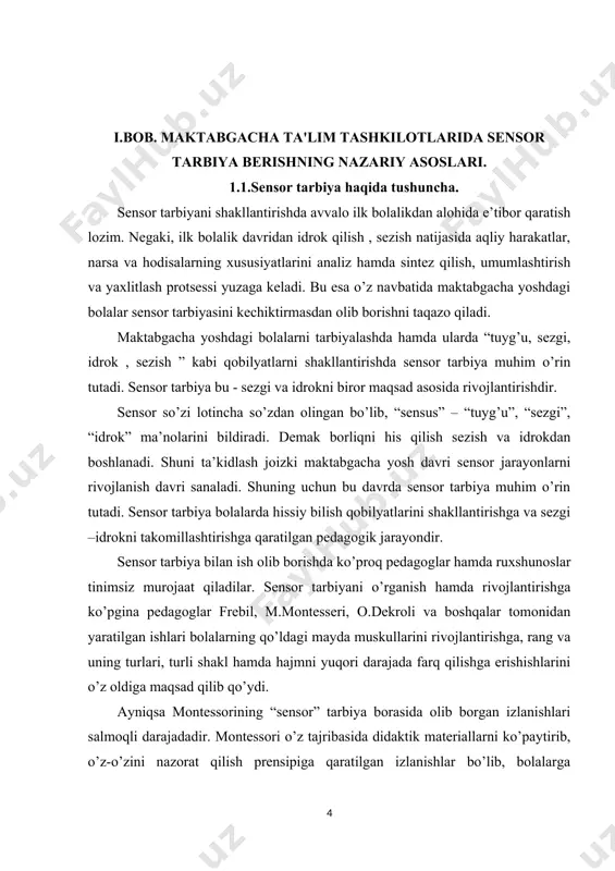 tqning o’sishi bu bolaning qay darajada rivojlanishiga ham bog’liqdir. maktabgacha ta’lim yoshidagi bolalarni tarbiyalashda hamda ularda “tuyg’u, sezgi, idrok, sezish” qobilyatlarini shakllantirishda sensor tarbiya muhim o’rin tutadi. sensor tarbiyani qo’llashdan maqsad - maktabgacha tarbiya yoshdagi bolalarning har jabhada qobilyatlarini shakllantirish, o’stirish, yuksaltirishga qaratilgandir. ma’lumki, bolalarda idrok qilish sezish natijasida aqliy harakatlar , narsa va hodisalarning analiz hamda sentez qilish , umumlashtirish , yaxlitlash hodisasi yuzaga keladi. bu esa bilish qobilyatining zarur sharti hisoblanadi. sensor harakatlarning rivojlanishi darajasi bolaning qobilyatlari shakllanayotganida hamda muayyan bilimlarini va ayrim amaliy ko’nikmalarni egallash jarayonida muhim rol o’ynaydi. bolada ranglarni va shakllarni ajrata olish qobilyati shakllangan bo’lsa, tevarak –atrofdagi narsalarning xossalarini ko’ra oladi va his qiladi. bu esa bola biror voqeani tasvirlab aytib berishi, rasm chizishi , loydan nimalarnidir o’xshata olishi, qog’ozdan , matodan turli narsalar qirqishi – qurish – yasash ko’nikmalarini rivojlanishiga imkon beradi. shuni ta’kidlash joizki, sensor tarbiyaning protsesslari ayniqsa, ilk yosh davrida alohida …