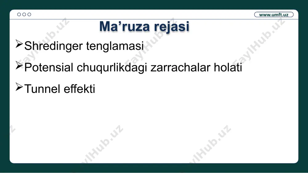 r zarrachaning to‘lqin funksiyasi chekli, aniq va uzluksiz bo‘lishi kerak; 2. hosilalar uzluksiz bo‘lishi kerak; 3. zarrachaning topish ehtimolligini integrallash mumkinligi; bu shart oddiy hollarda ehtimollikni normallashga olib keladi. =1 www.umft.uz devorlari cheksiz baland bo‘lgan potensial chuqurlikdagi zarrachaning holati chuqurlik atrofidagi statsionar holatlar uchun shredinger tenglamasi: yoki shu tenglamaning yechimi: www.umft.uz bu yerdan bu yerdan chuqurlik devorlari cheksiz baland bo‘lgani uchun, zarracha potensial to‘siq ichida bo‘ladi, uni to‘siqdan tashqarida topish ehtimolligi nolga tengdir. chuqurlik chegarasida uzluksiz to‘lqin funksiyasi ham nolga aylanadi. ℓ kenglikdagi potensial o‘rada bo‘lgan m massali mikrozarracha energiyaning xususiy qiymatlari deb ataladigan aniq qiymatlarga ega bo‘ladi. www.umft.uz tunnel effekti zarrachaning e to‘la energiyasi baryer balandligidan kichik bo‘lgan holda potensial to‘siq orqali o‘tishi tunnel effekti deb ataladi. agar klassik zarracha quyidagi energiya bilan e= ishqalanishsiz sirpanib h balandlikli tepalikka ko‘tarilib kinetic energiya potensial energiyaga aylanadigan a nuqtaga kelganda orqaga qayta boshlaydi. t=e-u kinetik energiya manfiy bo‘laolmasligi sababli, potensial baryerni …