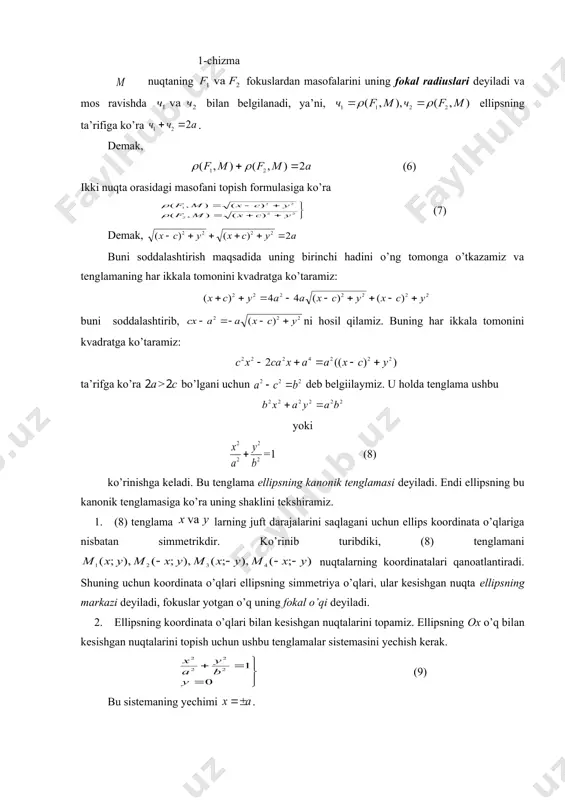 a-ust tushib, asimptotalar yangi koordinata o’qlari bo’lib qoladi. bu yangi o’qlarda (13) giperbola xy=a ko’rinishda ifodalanishini ko’rsatish mumkin. 2-ta’rif. giperbola fokuslari orasidagi masofaning haqiqiy o’qning uzunligiga nisbati giperbolaning ekssentrisiteti deyiladi va e harfi bilan belgilanadi: misol. giperbolaning ekssentrisiteti , fokuslari orasidagi masofasi 26 ga tengligi ma’lum bo’lsa, uning kanonik tenglamasi tuzilsin. yechish. shartga ko’ra 2c=26 va, demak giperbolaning katta o’qi a=12 bo’lgani uchun b2=c2–a2=169-144=25 bo‘ladi. shunday qilib giperbola tenglamasi bo’ladi. 5. parabola 6-ta’rif. parabola deb tekislikdagi shunday nuqtalarning geometrik o’rniga aytiladiki, bu nuqtalarning har biridan fokus deb ataluvchi berilgan nuqtagacha bo’lgan masofa direktrisa deb ataluvchi berilgan to’g’ri chiziqqacha bo’lgan masofaga tengdir (fokus direktrisada yoymaydi deb olinadi). y n q m 0 x x direktrisa 4-chizma. y f 0 x direktrisa 5-chizma. fokusdan direktrisagacha bo’lgan masofani p orqali belgilaymiz. bu parabolaning parametri deyiladi. parabola tenglamasini chiqaramiz. direktrisa va fokuslarni 4-chizmadagidek joylashtiramiz. koordinata boshini rf kesmaning o’rtasidan olamiz. bu holda fokus koordinataga …