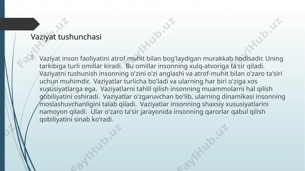 ashi insonning his-tuyg'ulariga ta'sir qiladi. vaziyatlarning dinamikasi insonning hayot sifati va farovonligiga ta'sir qiladi. vaziyatning dinamik xususiyatlari vaziyatni boshqarish insonning muammolarni hal qilish va maqsadlarga erishish qobiliyatiga bog'liq. rejalashtirish va strategiya ishlab chiqish vaziyatlarni boshqarishda muhim rol o'ynaydi. qarorlar qabul qilish va harakatlarni muvofiqlashtirish vaziyatlarni boshqarishning kalitidir. resurslardan samarali foydalanish vaziyatlarni boshqarishda yordam beradi. xato va muvaffaqiyatsizliklardan saboq olish vaziyatlarni boshqarishni yaxshilaydi. muloqot va hamkorlik vaziyatlarni boshqarishda muhim ahamiyatga ega. moslashuvchanlik va moslashish qobiliyati vaziyatlarni boshqarishda muhimdir. o'z-o'zini boshqarish va stressni boshqarish vaziyatlarni boshqarishda muhimdir. vaziyatni boshqarish insonning hayot sifati va farovonligiga ta'sir qiladi. vaziyatni boshqarish vaziyat tahlili insonning muammolarni tushunish va hal qilish qobiliyatini oshiradi. vaziyatni tahlil qilish uchun turli usullar va vositalar mavjud. vaziyatning sabablari va oqibatlarini aniqlash muhimdir. vaziyatning ijobiy va salbiy tomonlarini aniqlash zarur. vaziyatning rivojlanish tendensiyalarini prognozlash muhimdir. vaziyat tahlili insonning qarorlar qabul qilishini yaxshilaydi. vaziyat tahlili insonning muammolarni hal qilish strategiyasini ishlab chiqishga yordam …